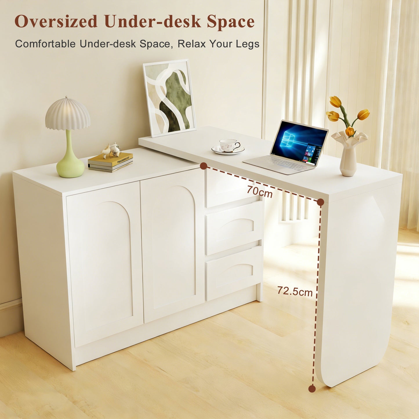 Schreibtisch Drehbar 360°, Moderner L-Form Eckschreibtisch Weiß mit 3 Schubladen und Schrank, Platzsparender Computertisch Arbeitstisch für Home Office & Arbeitszimmer-H75/B110-170/T40cm
