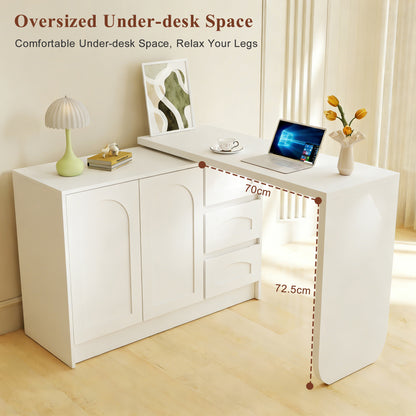 Schreibtisch Drehbar 360°, Moderner L-Form Eckschreibtisch Weiß mit 3 Schubladen und Schrank, Platzsparender Computertisch Arbeitstisch für Home Office & Arbeitszimmer-H75/B110-170/T40cm