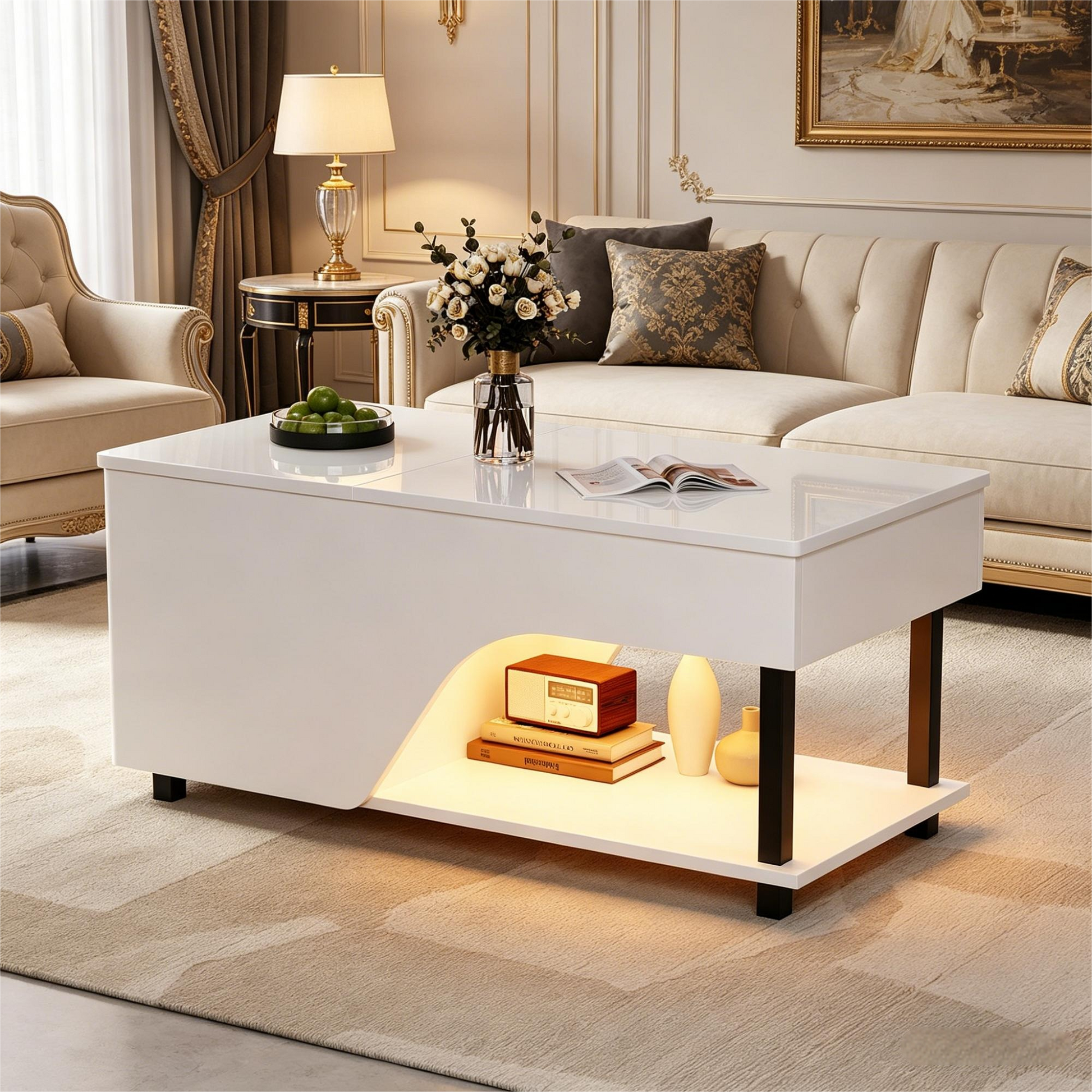 50 x 100 x 46 cm höhenverstellbarer Wohnzimmer-Couchtisch,Beistelltisch mit verstecktem Stauraum,Durchbrochener kaffetisch,Hochglänzender LED-Sofatisch,Teetisch mit seitlicher Ablage,Weiß