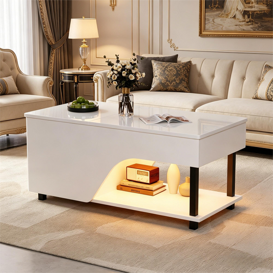 50 x 100 x 46 cm höhenverstellbarer Wohnzimmer-Couchtisch,Beistelltisch mit verstecktem Stauraum,Durchbrochener kaffetisch,Hochglänzender LED-Sofatisch,Teetisch mit seitlicher Ablage,Weiß