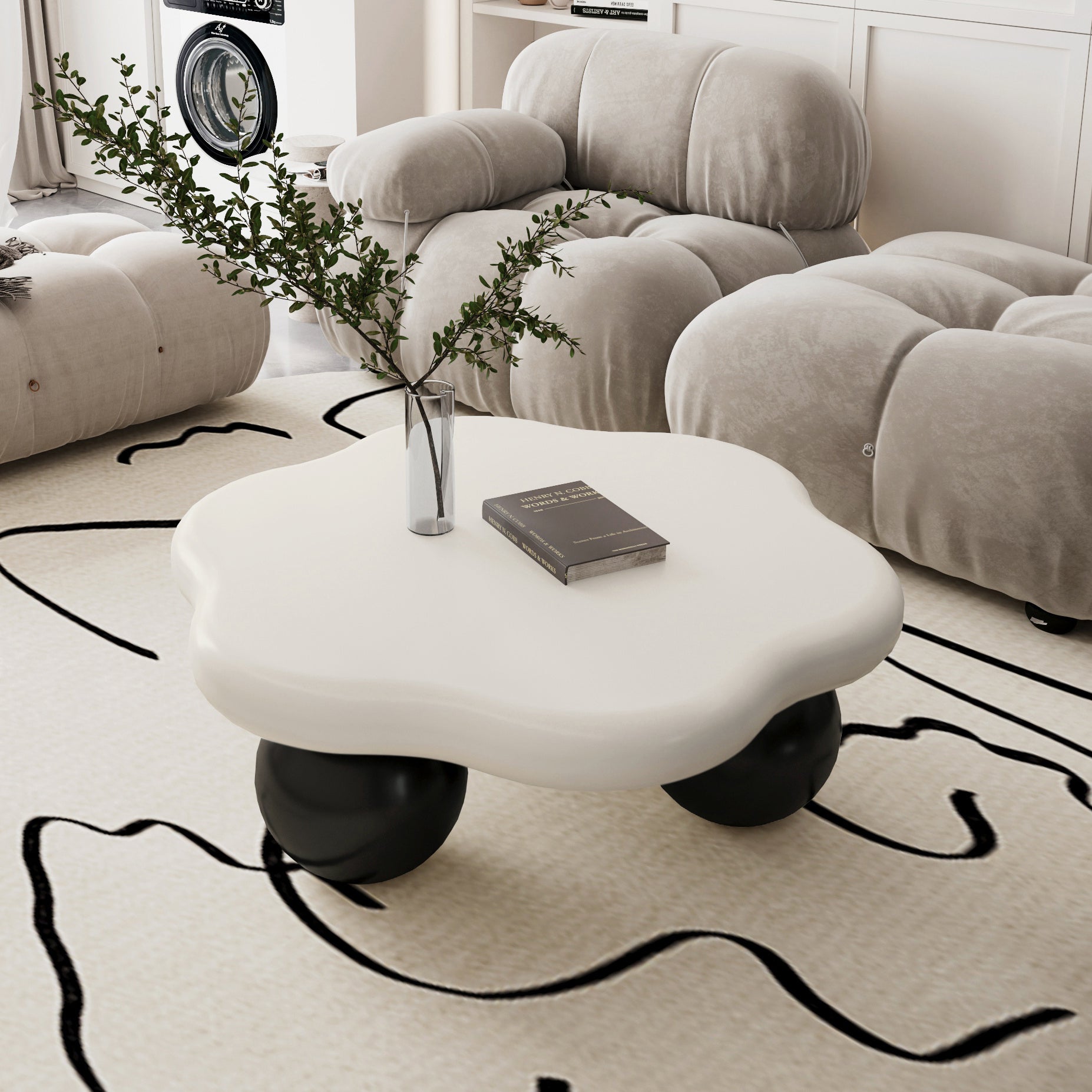 80cm Contrast Color Cloud Shaped Coffee Table, Petal-Shaped Modern Minimalist Coffee Table with Spherical Legs, Kid & Pet Friendly Living Room Table for Small Apartment, White Top Black Legs