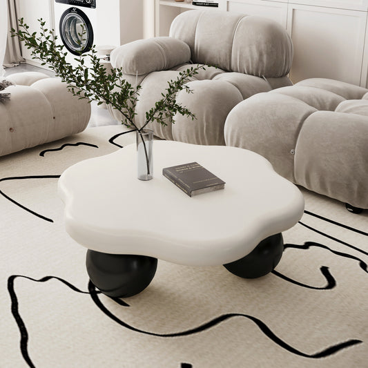 80cm Contrast Color Cloud Shaped Coffee Table, Petal-Shaped Modern Minimalist Coffee Table with Spherical Legs, Kid & Pet Friendly Living Room Table for Small Apartment, White Top Black Legs