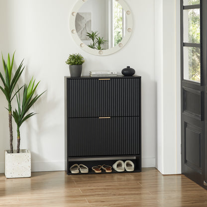 80 x 24 cm Schuhschrank mit Nutfront – Höhenverstellbar mit Kippschutz und Dekotisch für den Flur, in Schwarz
