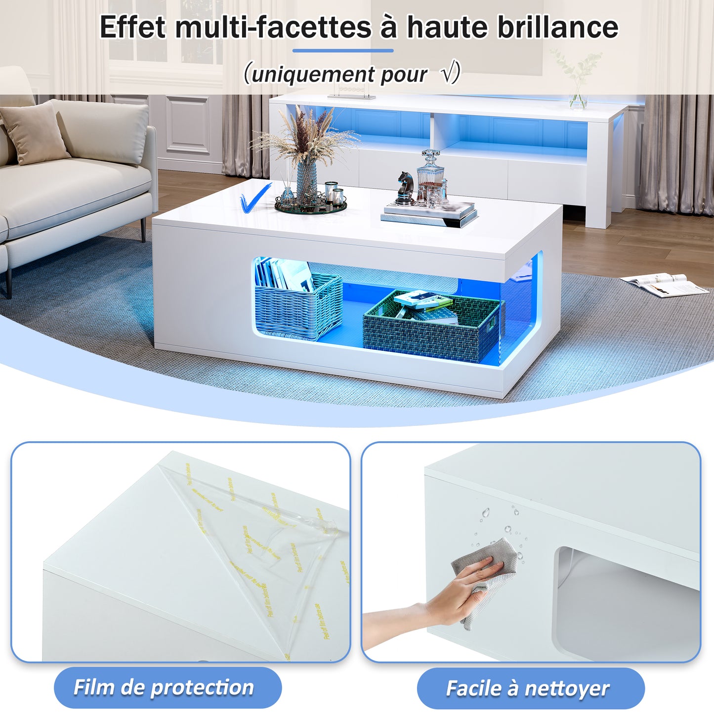 Wohnzimmer-Couchtisch 50*100*35cm, durchbrochener Teetisch, großer Hochglanz-kaffeetisch mit Ablageflächen aus gehärtetem Glas auf beiden Seiten, Beistelltisch mit LED-Lichtleiste, weiß, Spanplatte.