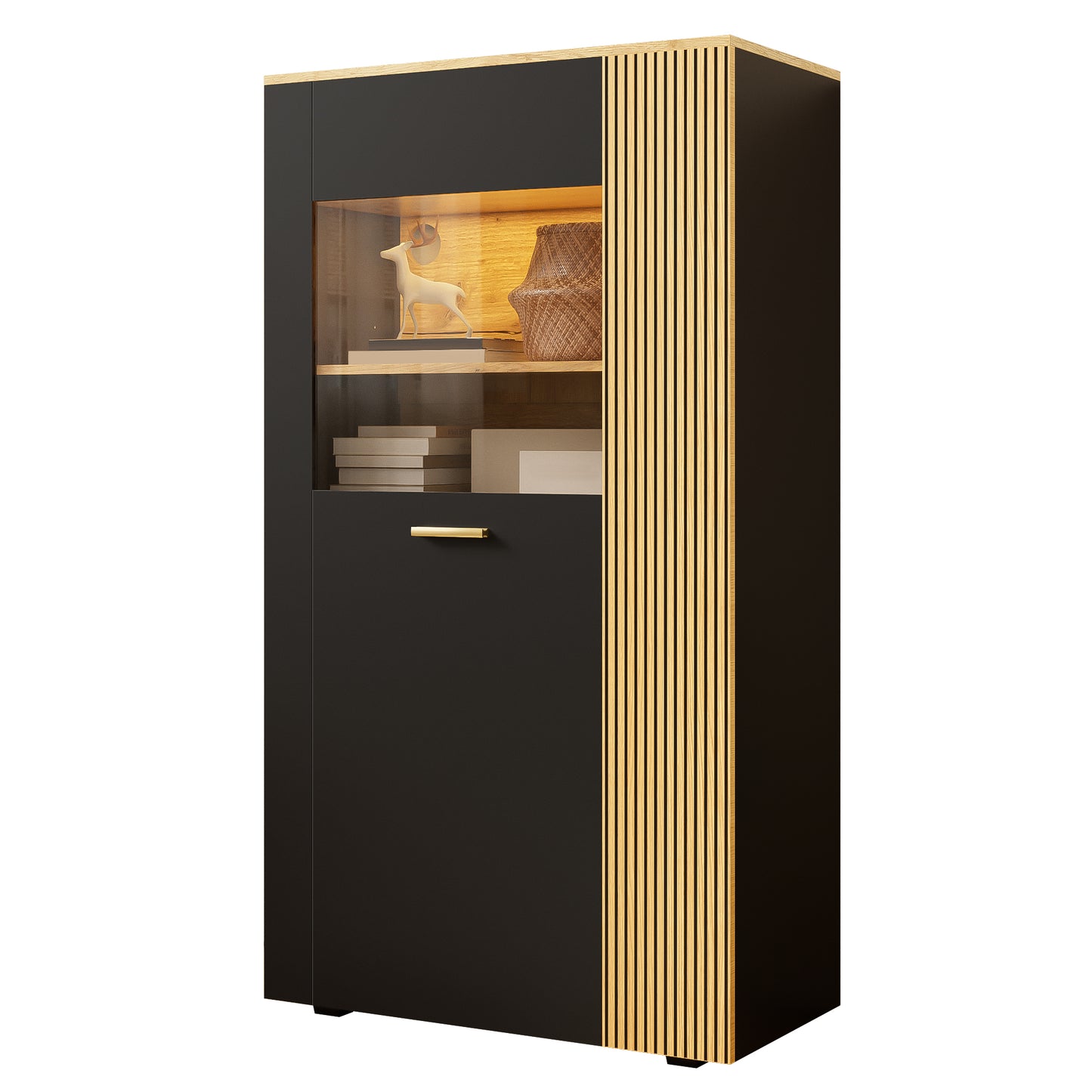 Gigab2b original image - Modernes PB Aufbewahrungsschrank mit 16-Farben LED-Lichtern,  Multifunktionaler Organizer mit 3 festen und 2 verstellbaren Regalen, Kabelmanagement für Wohnzimmer (Schranktüren mit Glas)
