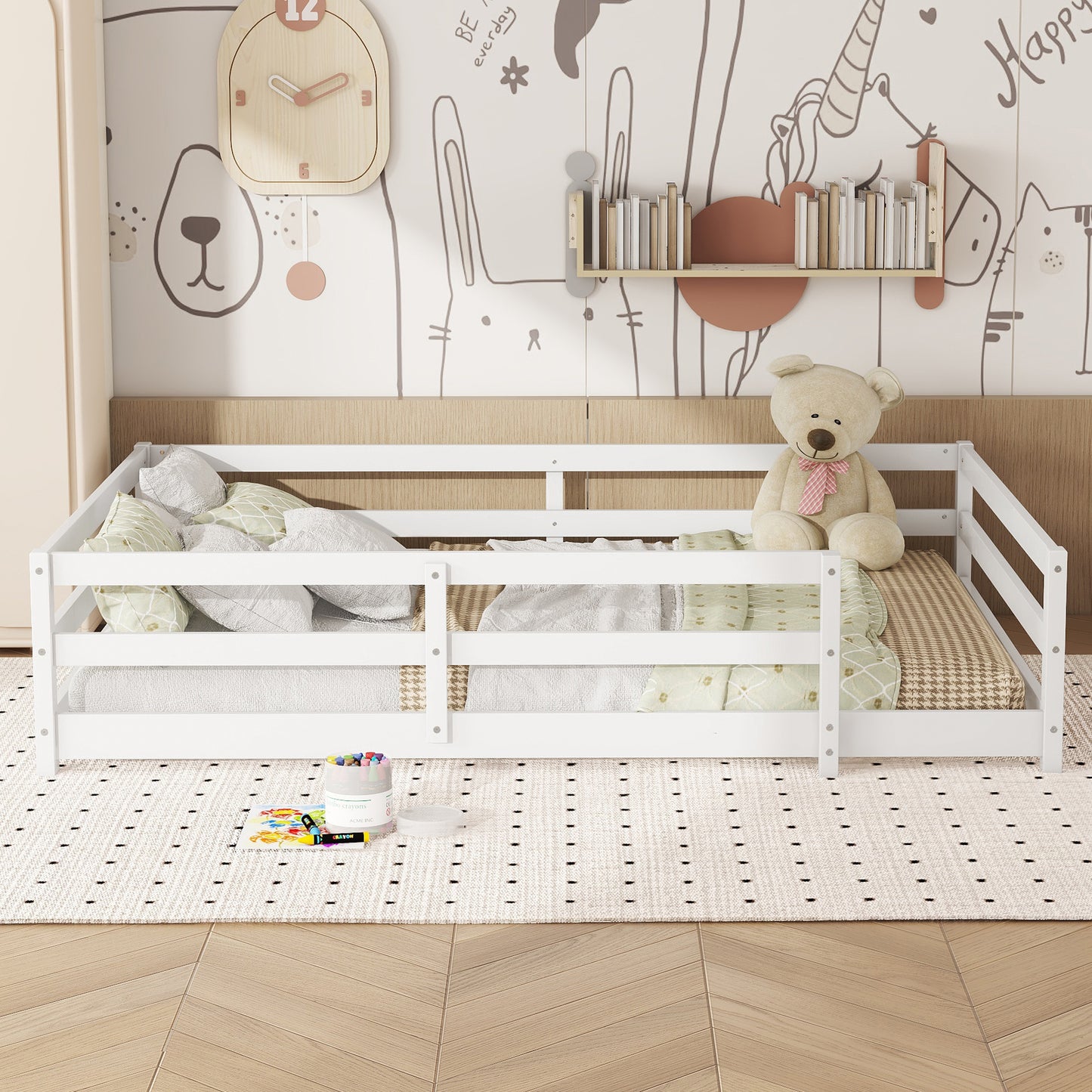 Montessori Bodenbett mit 4-Seiten-Gitter – Vollflächig, kein Lattenrost benötigt, Kiefernholz, einfach aufzubauen (140x200 cm, weiß)
