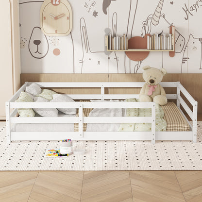 Montessori Bodenbett mit 4-Seiten-Gitter – Vollflächig, kein Lattenrost benötigt, Kiefernholz, einfach aufzubauen (140x200 cm, weiß)