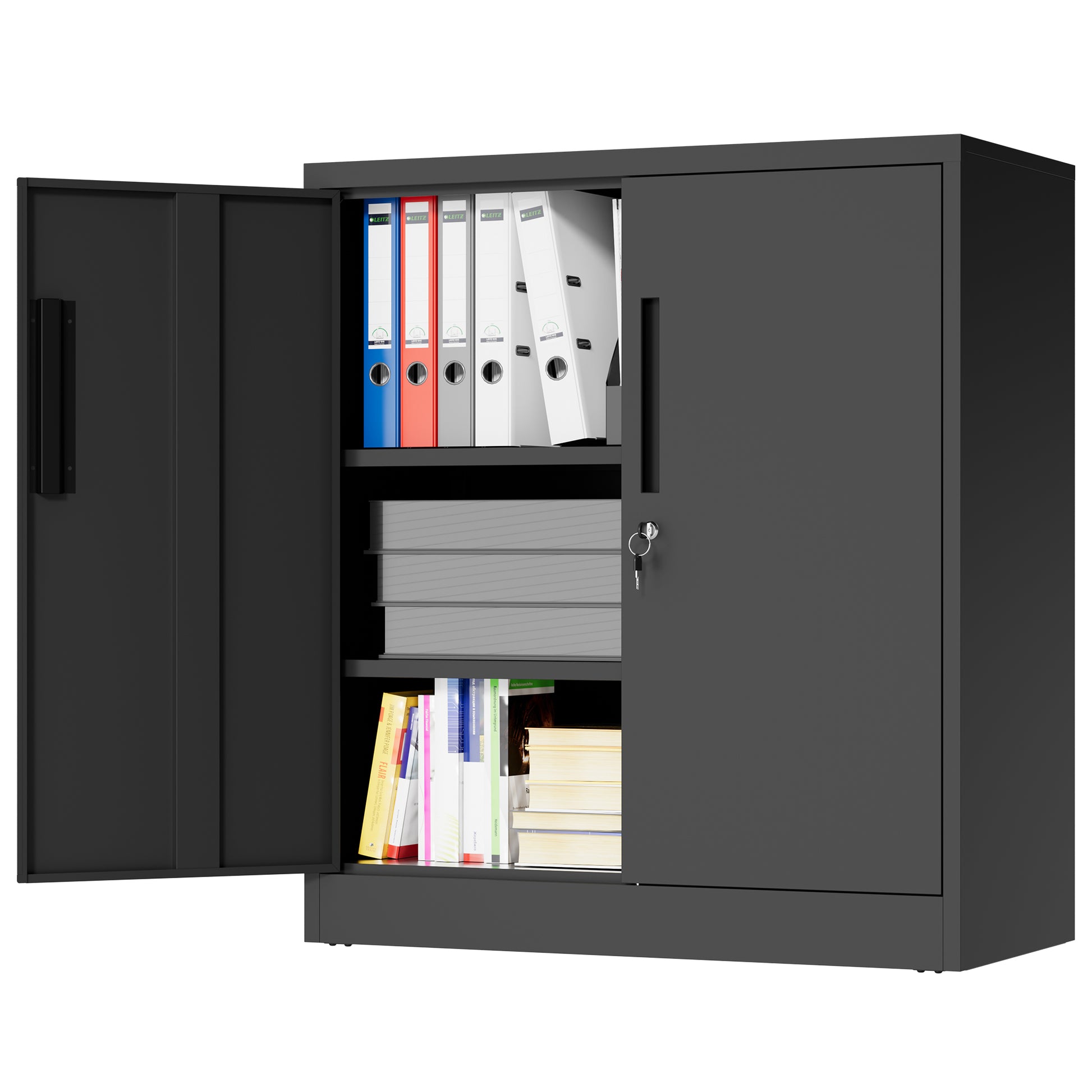 Gigab2b original image - Metall-Lagerschrank mit zwei verschließbaren Türen und zwei verstellbaren Einlegeböden, kippsicherer kleiner Stahlschrank für Garage und Haushalt, schwarz, selbst zusammenzubauen