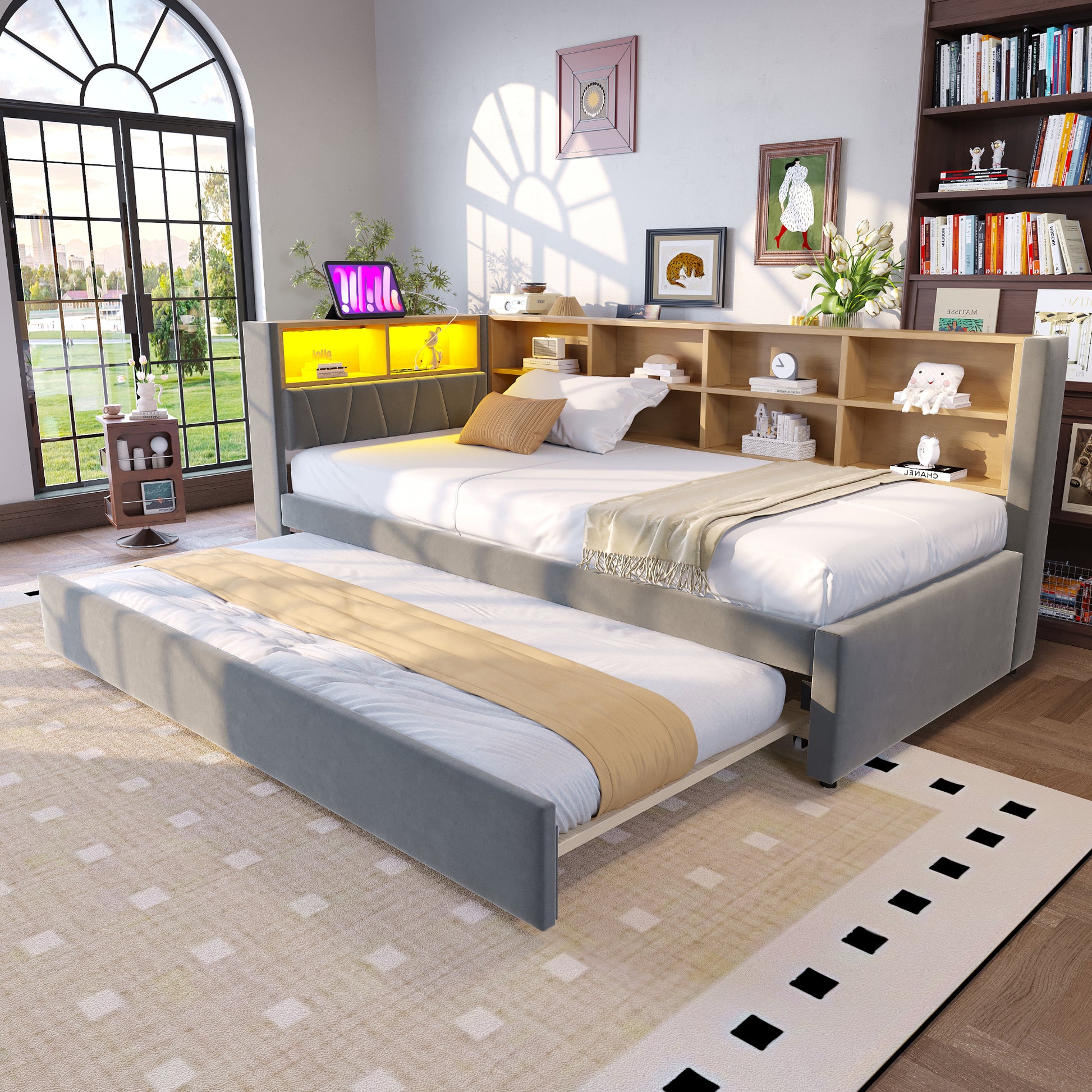 Gigab2b original image - Schlafsofa 90*200, Ausziehbett 90*190, Ausgestattet mit LED Leuchten, Steckdosen und vielen Ablagefächern, Polsterbett, Multifunktionsschlafsofa, Einzelbett, Flanell, Dunkelgrau.