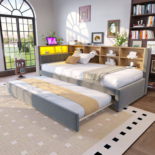 Gigab2b original image - Schlafsofa 90*200, Ausziehbett 90*190, Ausgestattet mit LED Leuchten, Steckdosen und vielen Ablagefächern, Polsterbett, Multifunktionsschlafsofa, Einzelbett, Flanell, Dunkelgrau.