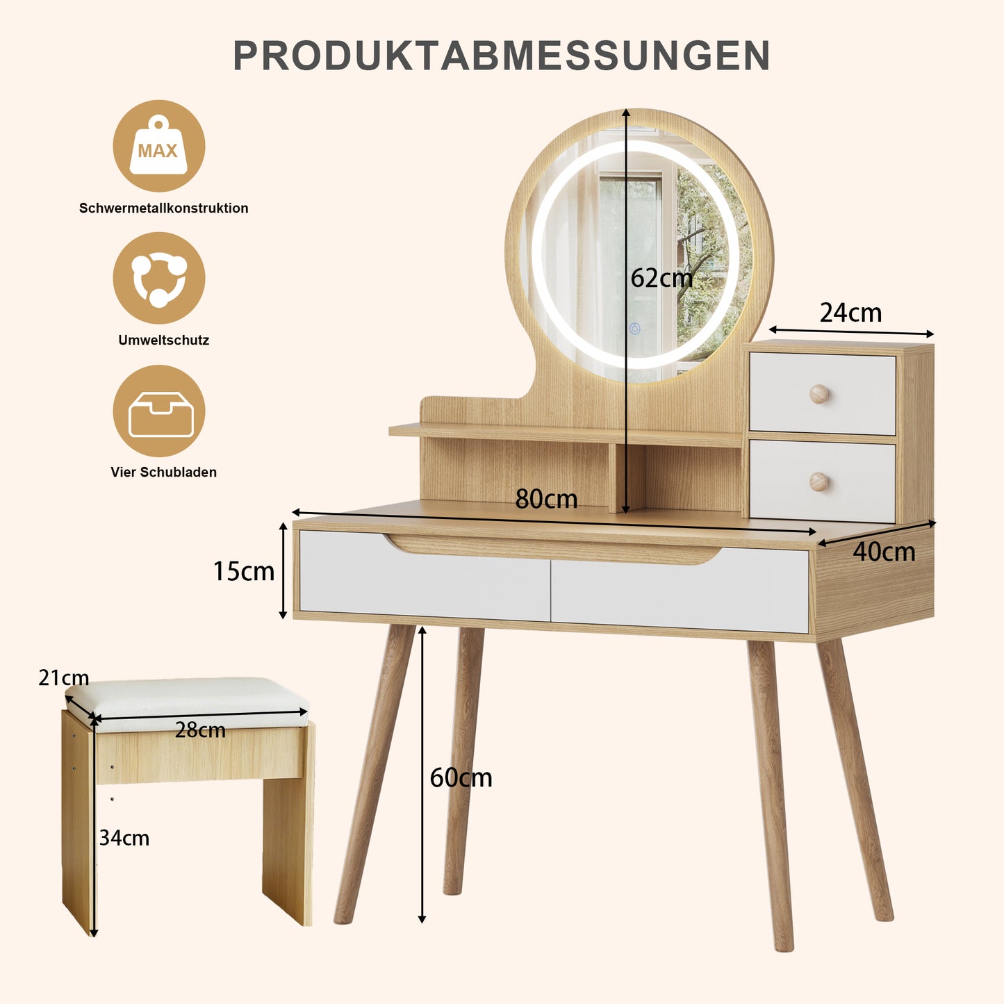 LED Vanity Mirror with Lighting and Cushion Stool