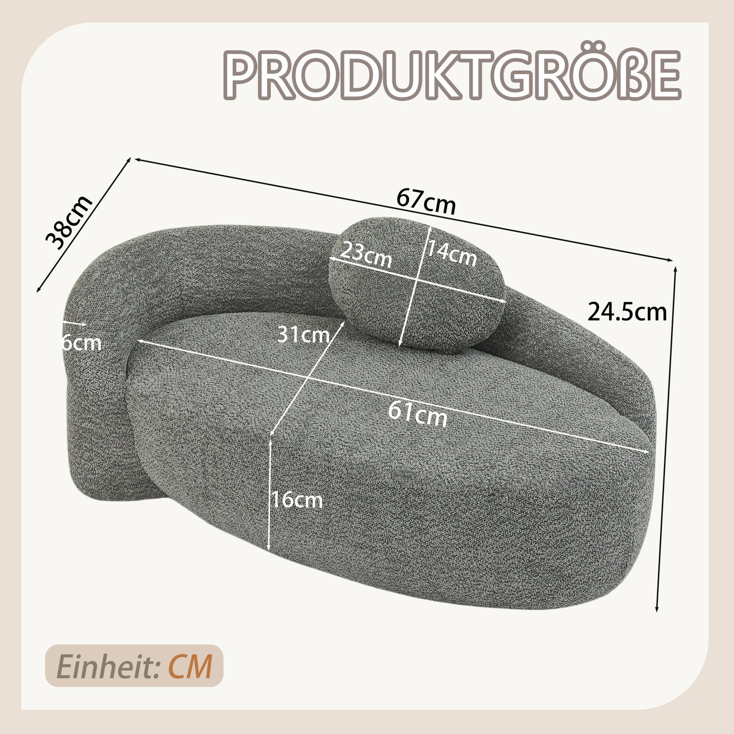 Minimalistisches Teddyfleece-Sofa mit abgerundetem Design, weich gepolsterte Couch mit Kissen, vielseitig einsetzbar für Wohnzimmer, Schlafzimmer und Studio,Gray