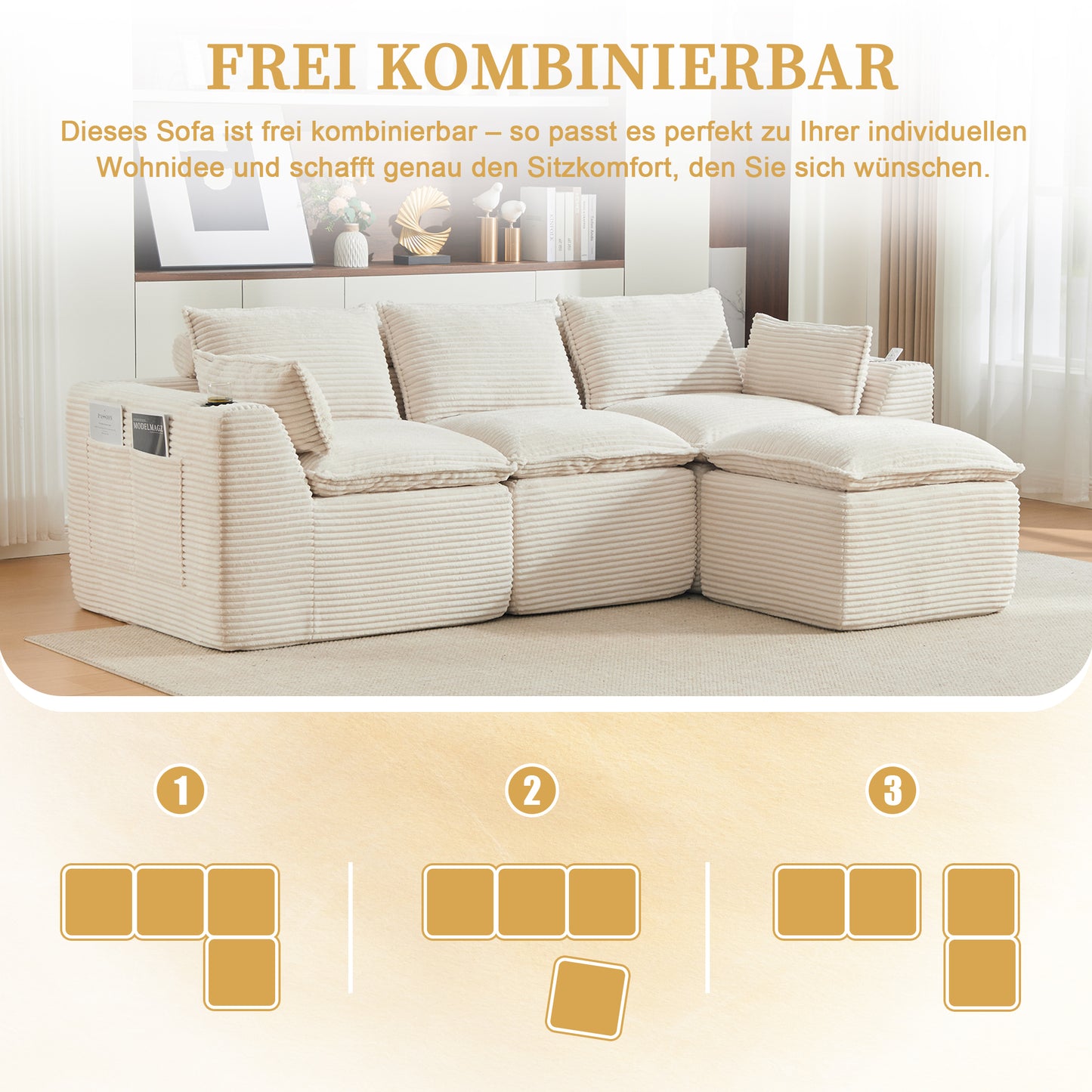 Modulares 3-Sitzer-Sofa + Fußhocker, inklusive Kissen, Getränkehalter und 2 Seitentaschen. Mit einer Füllung aus Schaumstoff und Federkern. Ideal für Wohnzimmer und ähnliche Räume (beiger Cordstoff)