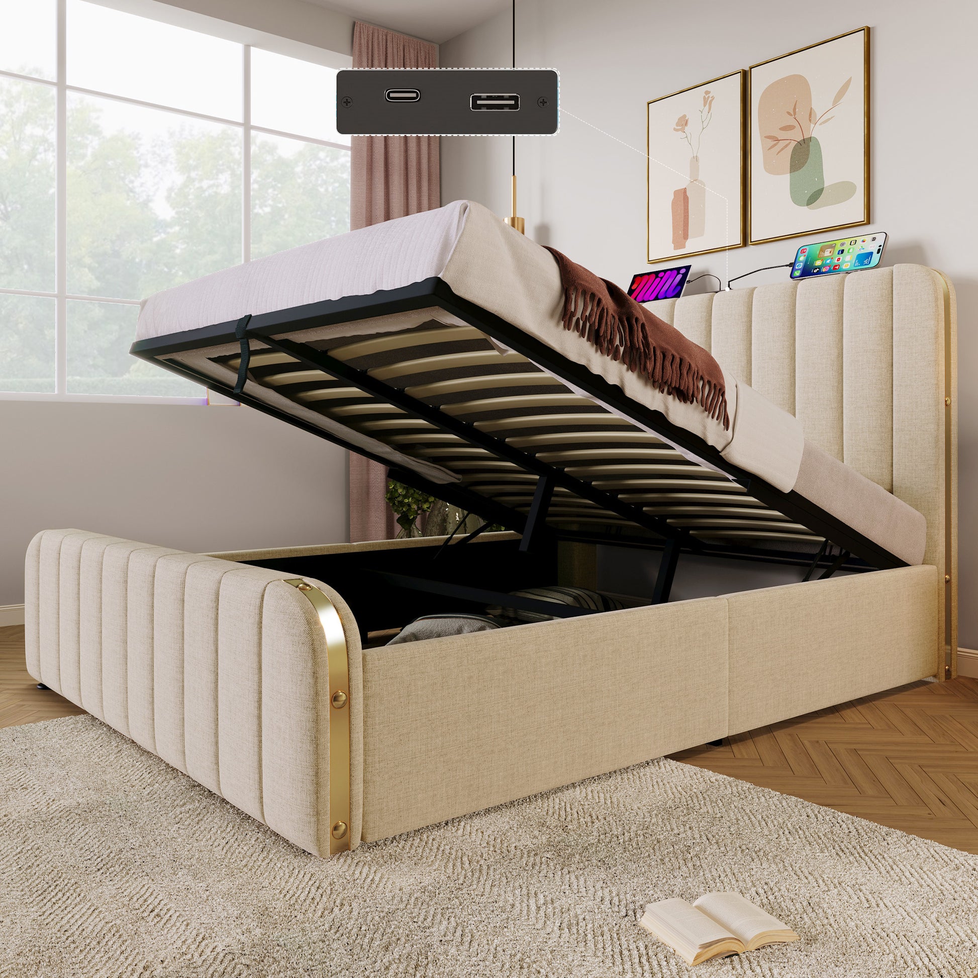 Gigab2b original image - Polsterbett Doppeltes, gepolstertes Kopfteil mit goldenen Zierstreifen und ,USB Typ-C Ladefunktion 140*190 cm, Beige Leinen-Material Hydraulisches Lagerbett,Belastbarkeit 181 kg (Ohne Matratze)