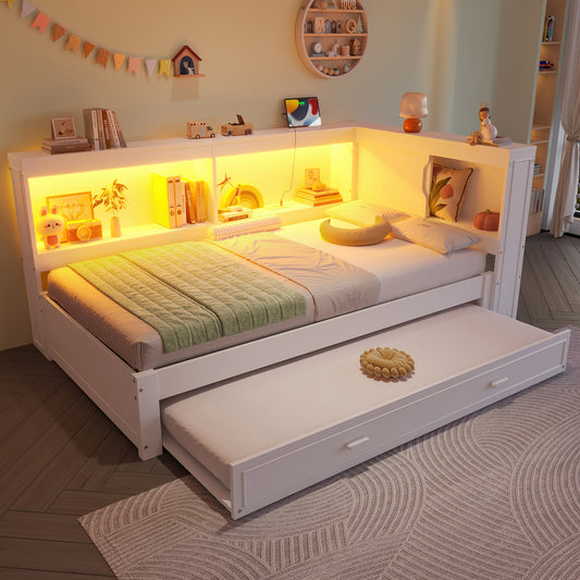 Daybett, 90 x 200 cm, Schlafsofa, Tagesbett  mit ausziehbarem Bett, Mit LED-Leuchten, Mit Steckdose, 1 USB-Anschlüssen, 1 Typ-C ausgestattet, Ohne Matratze, Weiß