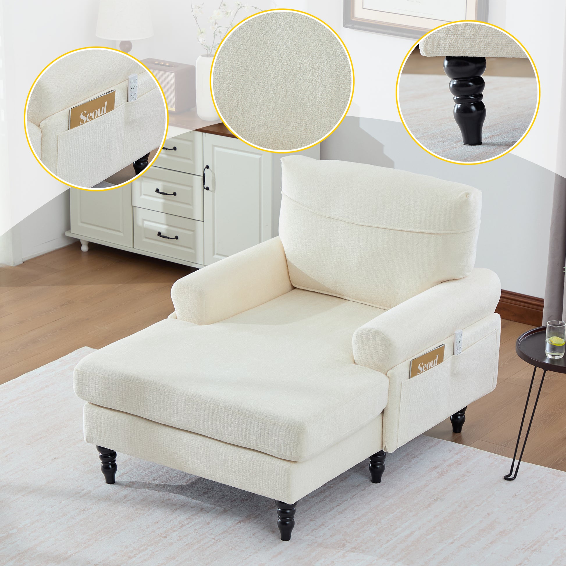 Gigab2b original image - Moderner minimalistischer Chenille-Stoff-Liegestuhl/Einzelsofa für Wohnzimmer und Schlafzimmer Holzsofa-Beine mit bequemer Rückenlehne und Armlehnen Seitentaschen zur Aufbewahrung(Beige Chenille)