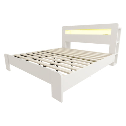 Bettgestell aus Holz mit Stauraum im Kopfteil, LED-Beleuchtung, integrierten Steckdosen, modernes Plattformbett in Weiß180 x 200 cm
