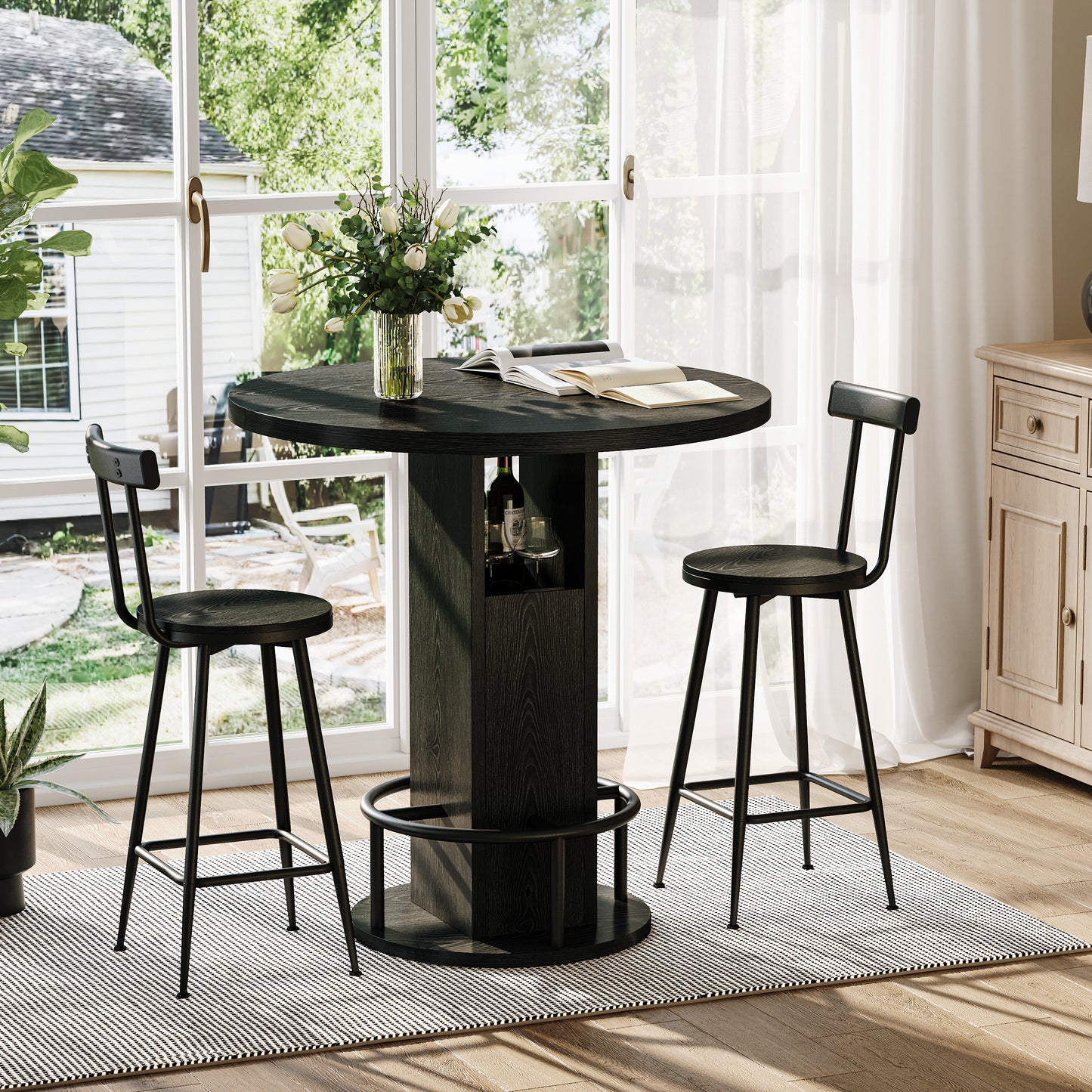 3-teiliges Bar-Tisch- und Hocker-Set 31,5-Zoll-Rundtisch mit zwei Hockern Holz-Esstisch mit ringförmiger Fußstütze aus Metall Geeignet für Esszimmer, Cafés, Bars, Wohnzimmer usw. Schwarz