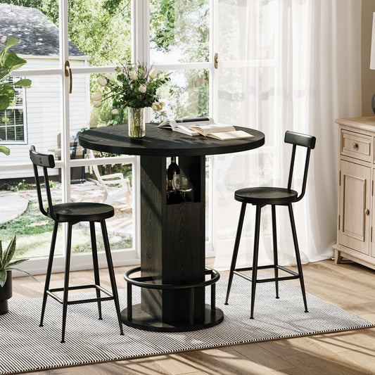 3-teiliges Bar-Tisch- und Hocker-Set 31,5-Zoll-Rundtisch mit zwei Hockern Holz-Esstisch mit ringförmiger Fußstütze aus Metall Geeignet für Esszimmer, Cafés, Bars, Wohnzimmer usw. Schwarz