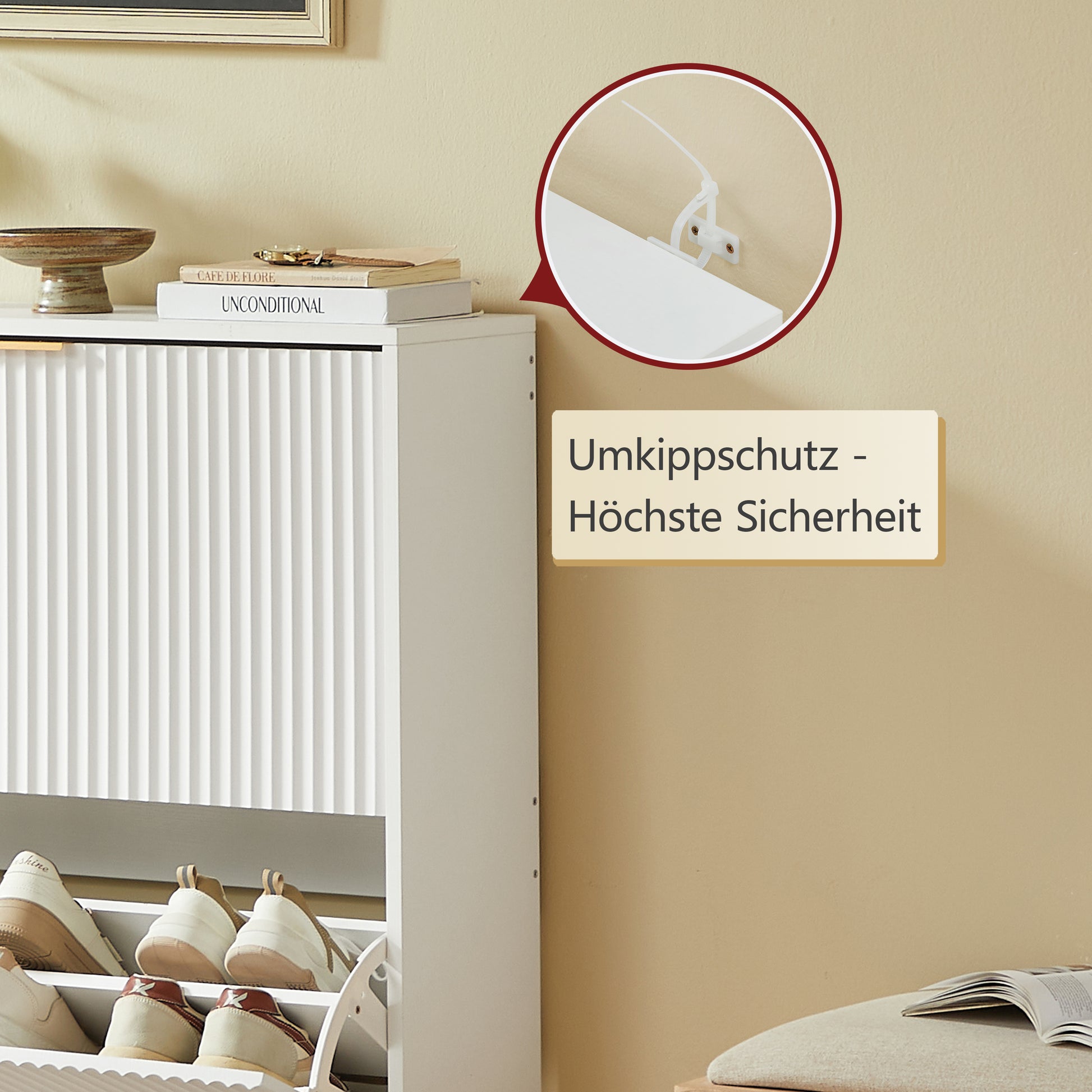 80 x 24 cm Schuhschrank mit Nutfront – Höhenverstellbar mit Kippschutz und Dekotisch für den Flur, in Weiß