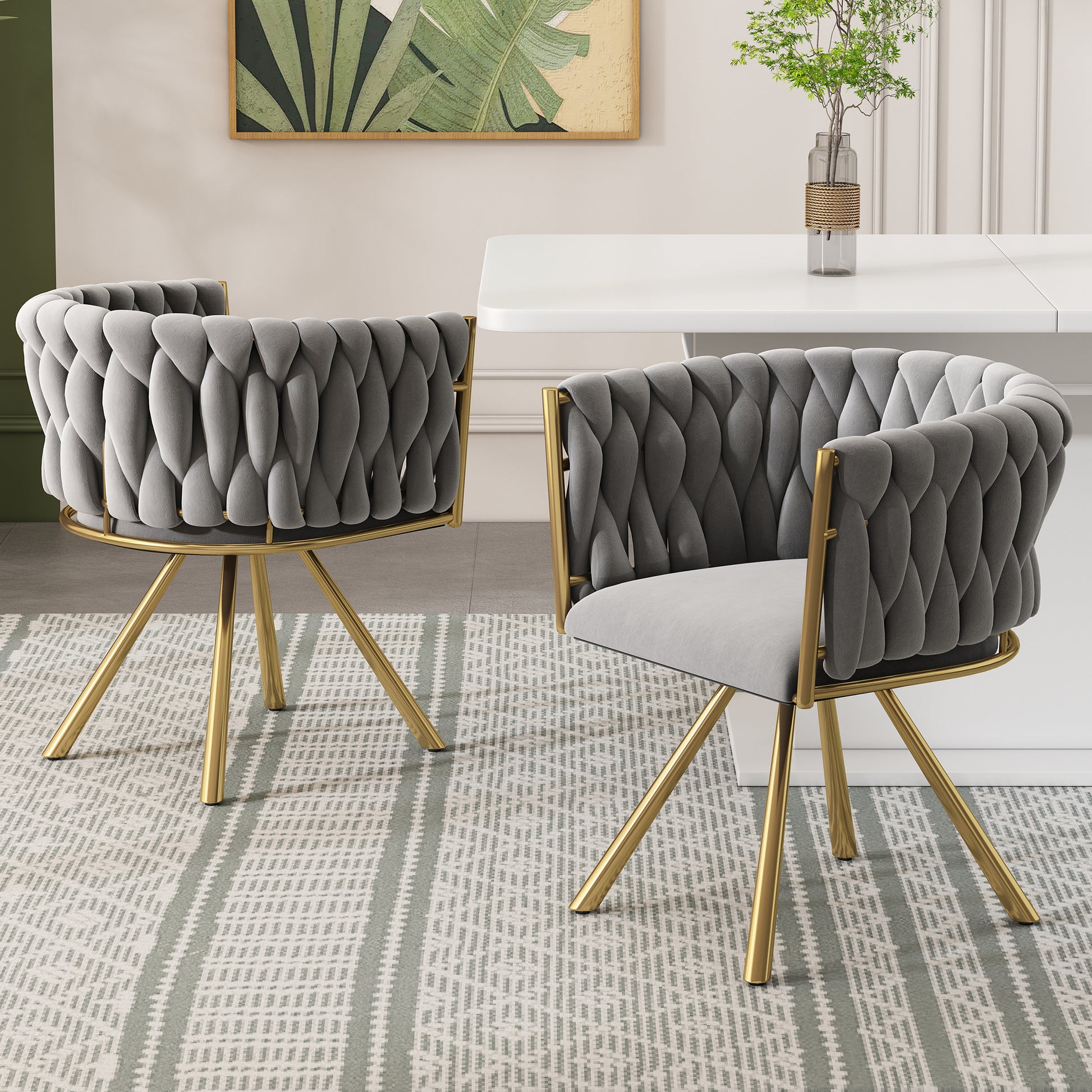 Gigab2b original image - Samt-Esszimmerstuhl, 2er set, einzelner heller Luxus-Wohnzimmer-Schlafzimmer-Drehstuhl, Freizeit-Drehstuhl mit vier Stützbeinen aus Metall,Grau und Gold