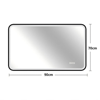 70×90cm LED Badezimmerspiegel mit schwarzem Aluminiumrahmen, Front- & Hintergrundbeleuchtung, Anti-Beschlag, 3 Lichtfarben, dimmbar, Memory-Funktion, horizontal & vertikal montierbar, IP44 wasserdich