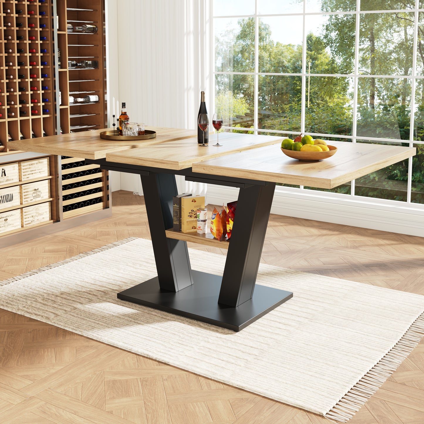 Gigab2b original image - Esstisch Teleskoptisch (118-157×70×75cm), Tisch, Küchentisch, Ausziehtisch, mit Hilfe innenliegender Einlegeplatten auf 118-157cm ausziehbar, für Küche und Wohnzimmer, Holzfarbener Esstisch
