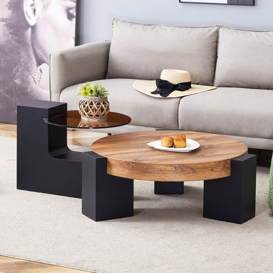 Gigab2b original image - Moderner, einfacher runder Couchtisch mit zwei Ebenen - Transparente braune Glasplatte und schwarze MDF-Beine in L-Form. Das zerlegbare Design ermöglicht eine flexible Raumnutzung.Beistelltisch