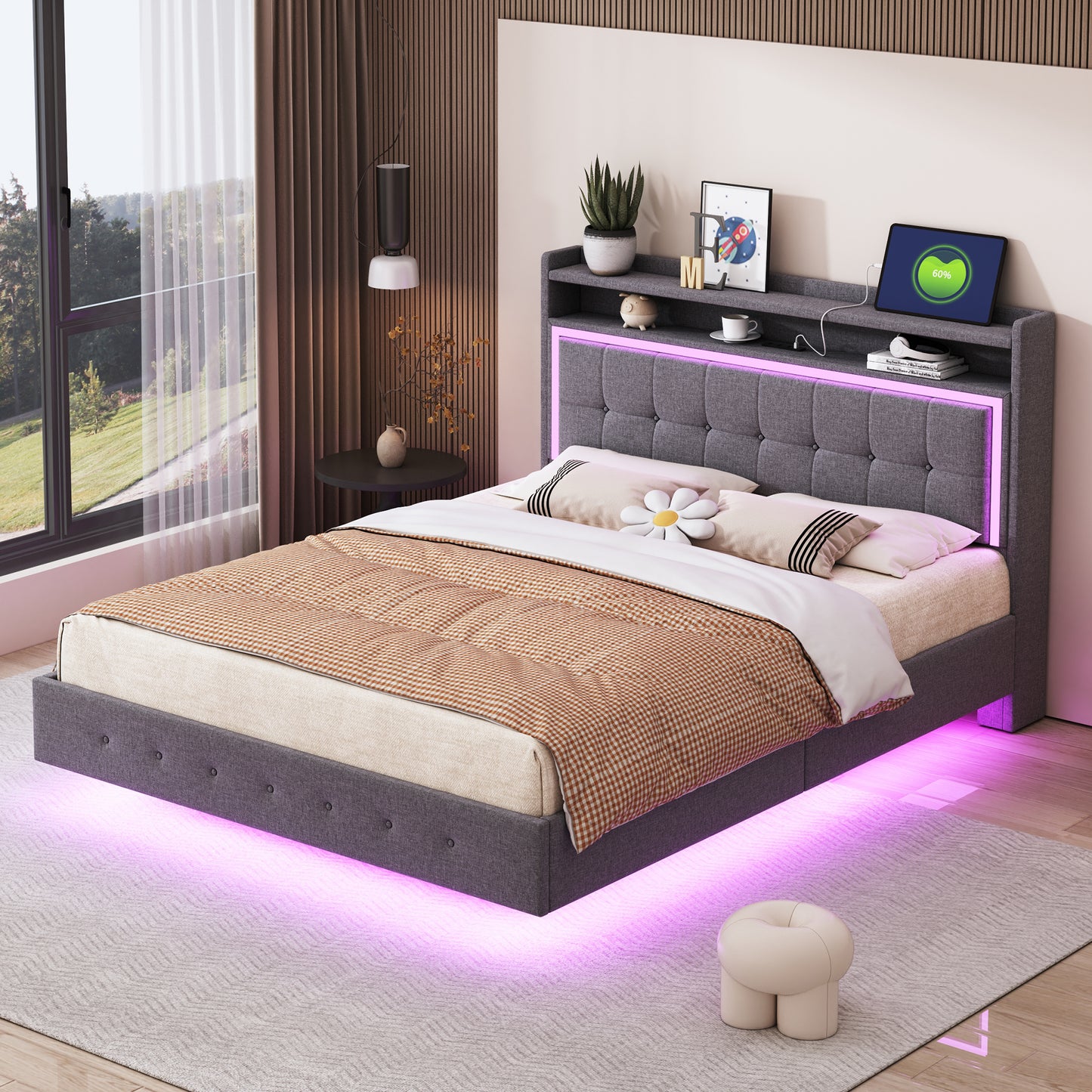 Gigab2b original image - Polsterbett 140*200, mit USB-Steckdose und LED-Licht, Bett kann am Kopfende des Bettes platziert werden, verstecktes Fußdesign, Doppelflachbett, Leinenstoff Grau
