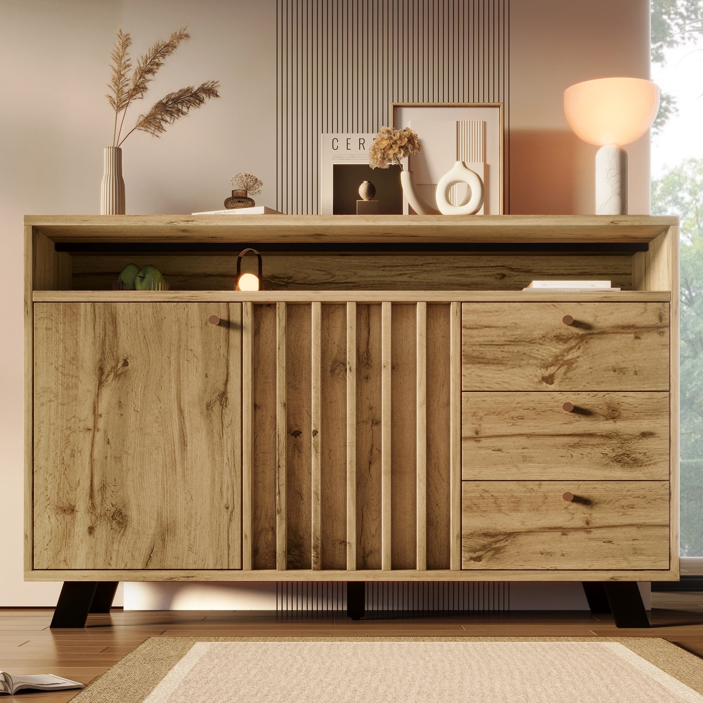 Gigab2b original image - Sideboard Kommode mit 3 Schubladen und 2 Türen Stauraumschrank mit offenem Fach und Lamellenfront im Vintage Stil für Wohnzimmer Esszimmer Flur und Eingangsbereich in dunkler Eiche 120B x 40T x 85H cm
