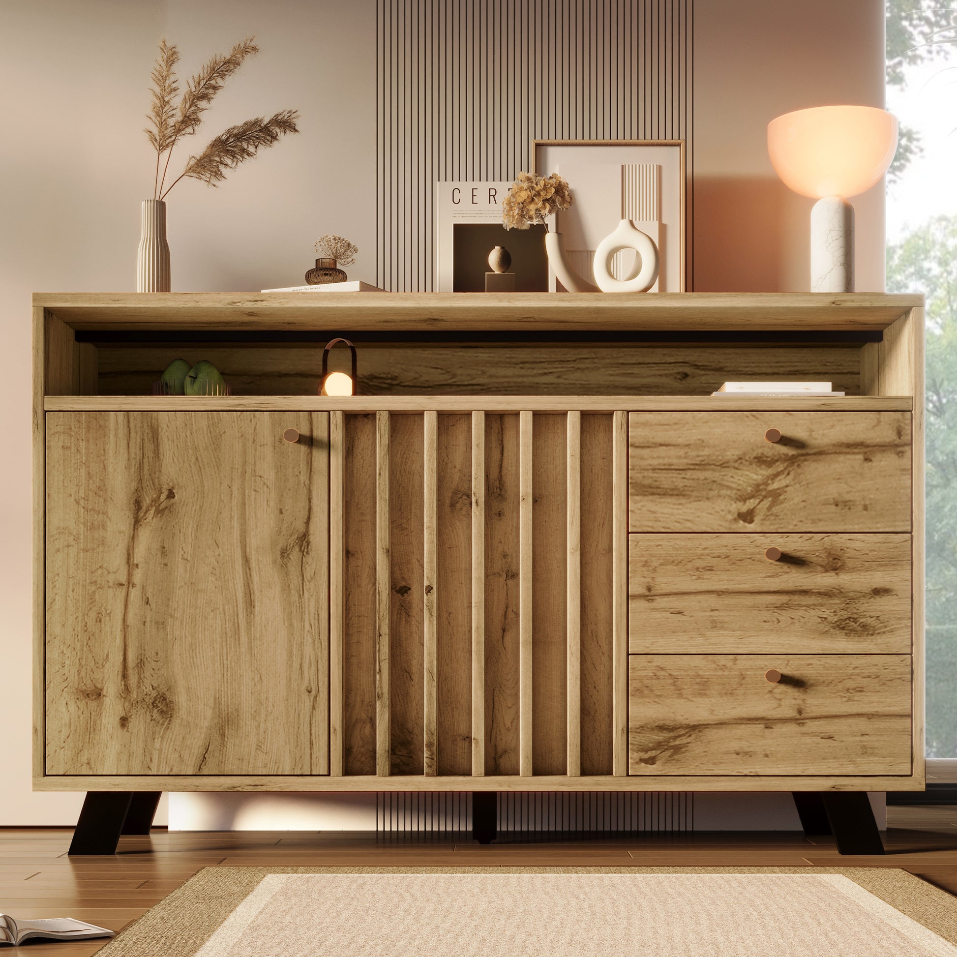 Gigab2b original image - Sideboard Kommode mit 3 Schubladen und 2 Türen Stauraumschrank mit offenem Fach und Lamellenfront im Vintage Stil für Wohnzimmer Esszimmer Flur und Eingangsbereich in dunkler Eiche 120B x 40T x 85H cm