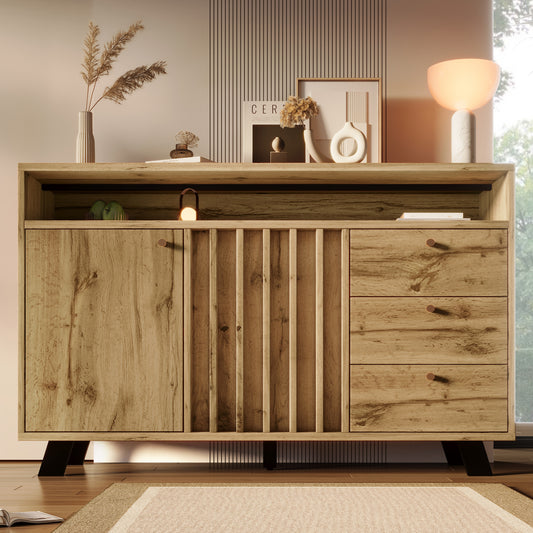 Gigab2b original image - Sideboard Kommode mit 3 Schubladen und 2 Türen Stauraumschrank mit offenem Fach und Lamellenfront im Vintage Stil für Wohnzimmer Esszimmer Flur und Eingangsbereich in dunkler Eiche 120B x 40T x 85H cm