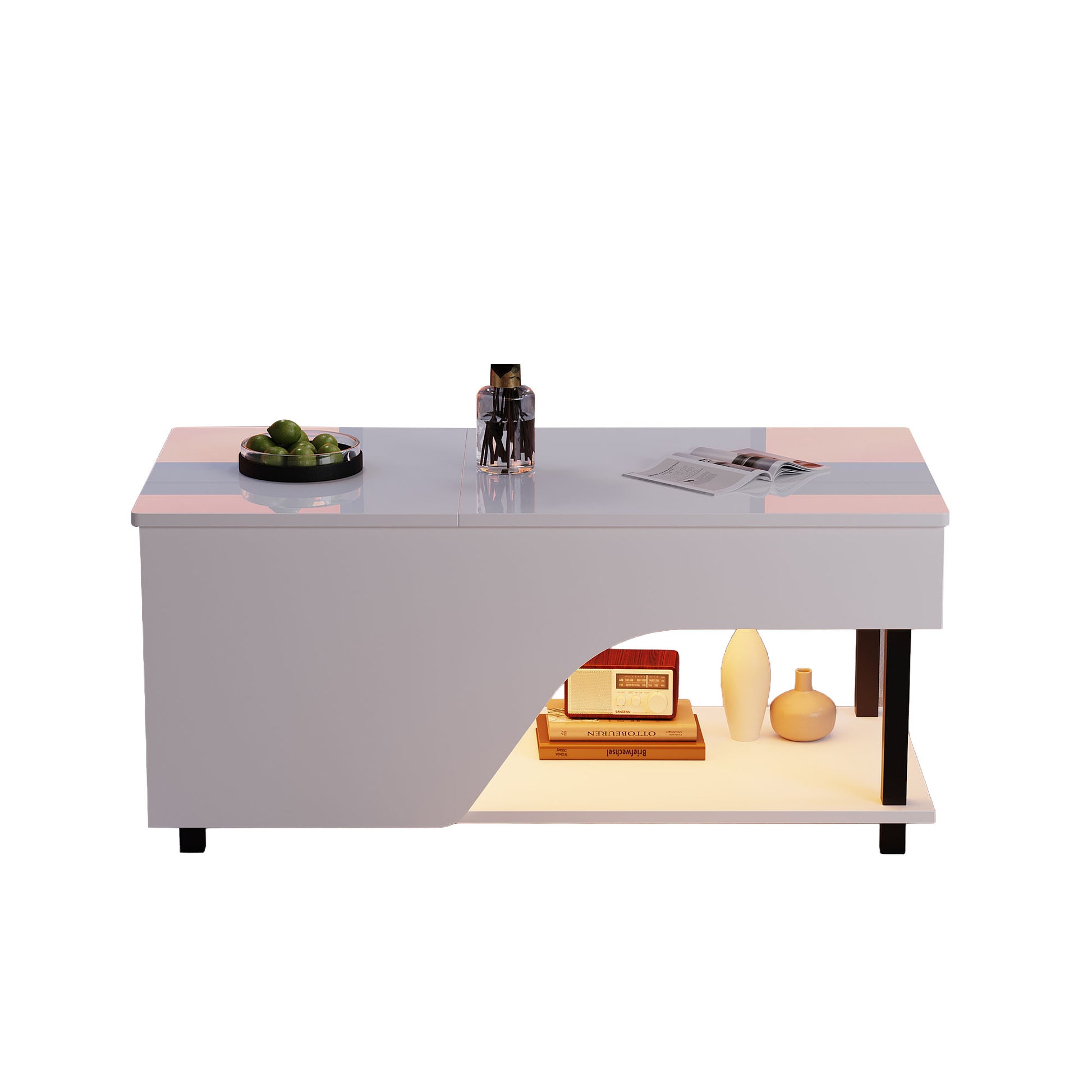 50 x 100 x 46 cm höhenverstellbarer Wohnzimmer-Couchtisch,Beistelltisch mit verstecktem Stauraum,Durchbrochener kaffetisch,Hochglänzender LED-Sofatisch,Teetisch mit seitlicher Ablage,Weiß