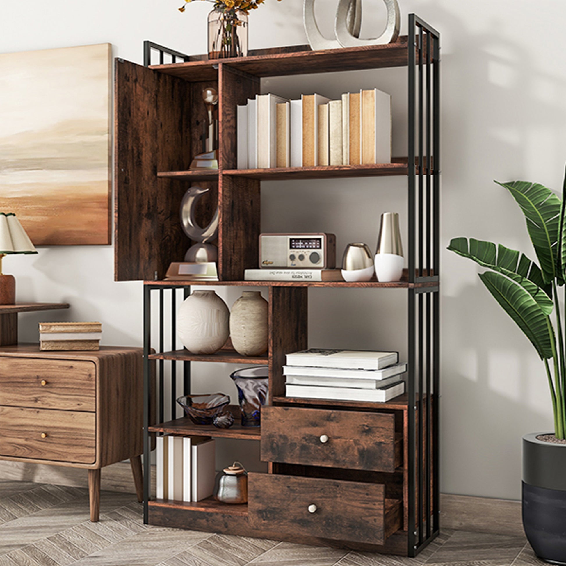 Bücherregal, 6 Regal Bücherregal mit mit Türen und  Schubladen Boden bis zur Decke Bücherregal, industrielle Bücherregal, Stahlregal, antik braun