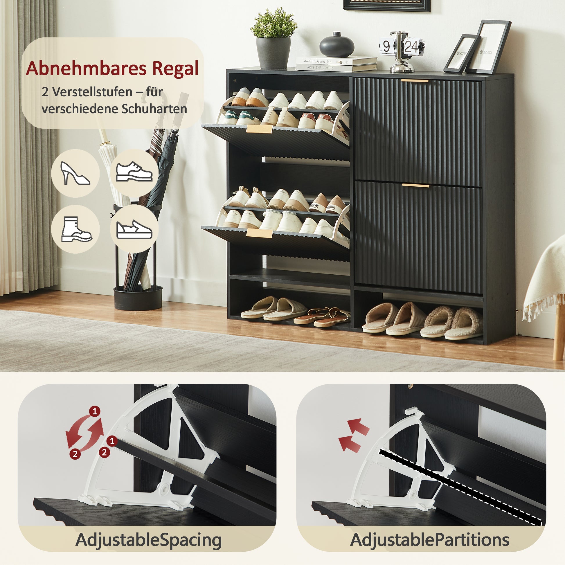 120 x 24 cm Schuhschrank mit Nutfront – Höhenverstellbar mit Kippschutz und Dekotisch für den Flur, in Schwarz