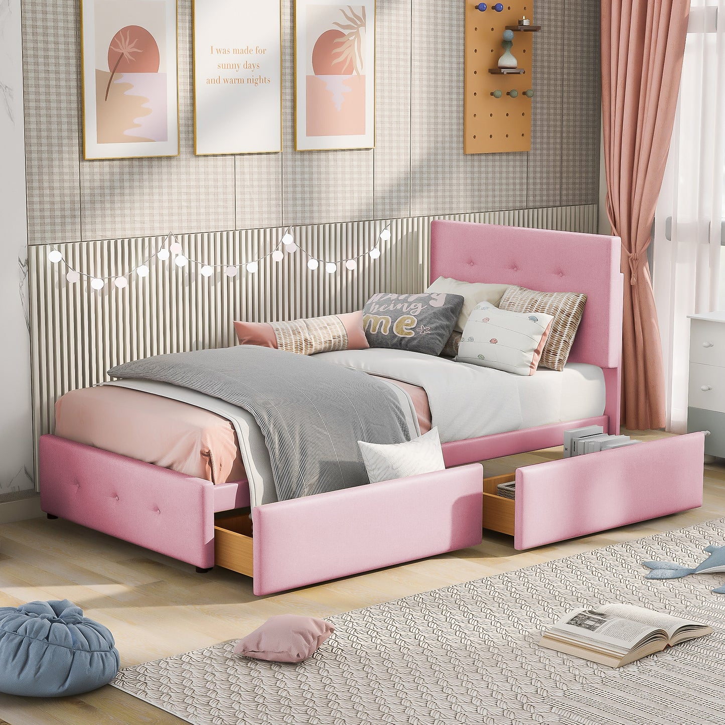 Gigab2b original image - Polsterbett 90 x 200 cm Bett mit Lattenrost, Rückenlehne und zwei Schubladen, hautfreundlicher Samtstoff  Beige flaches Einzelbett Kinderbett Jugendbett Gästebett (Rosa)