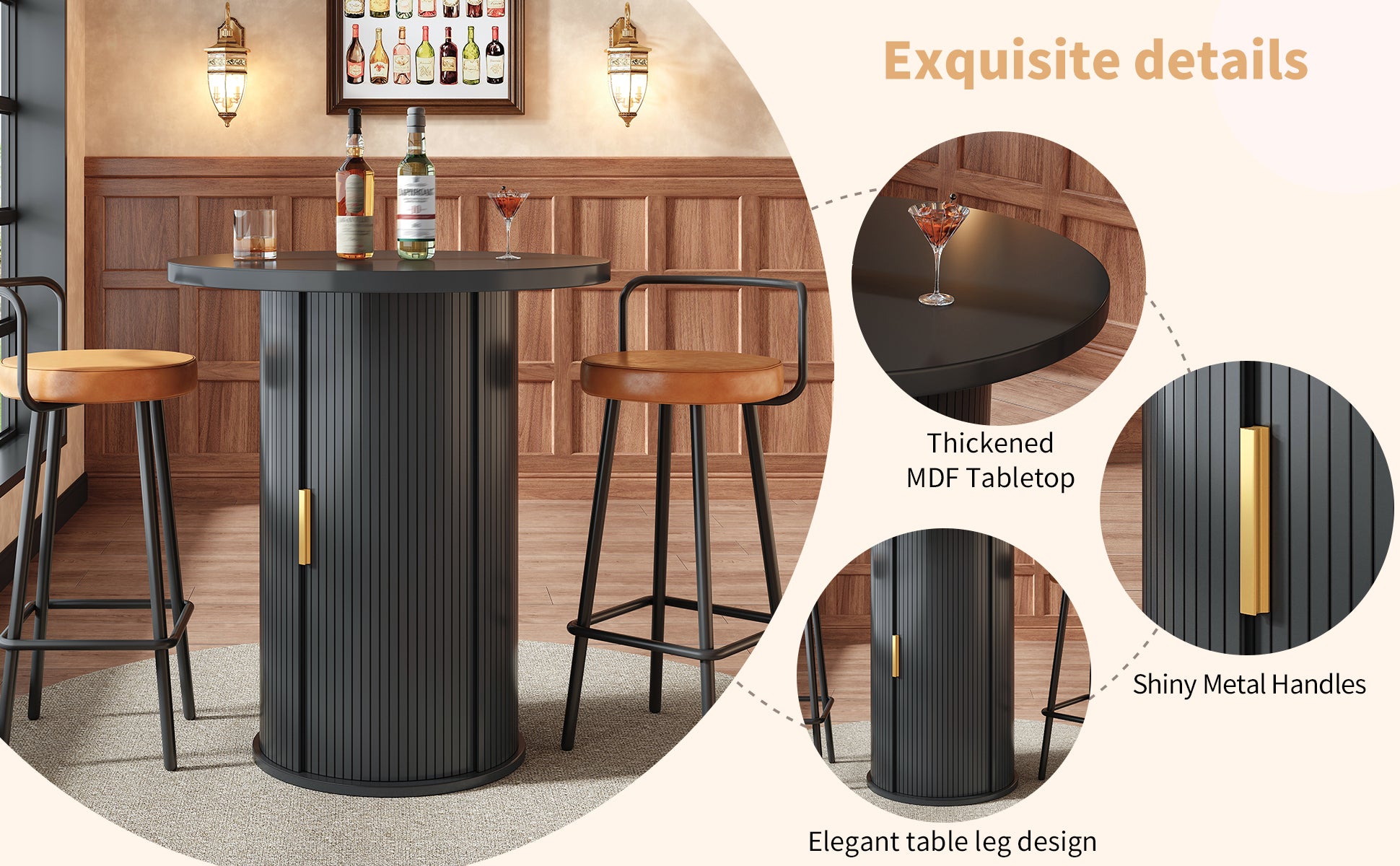 Bartisch-Set mit 2 Barhockern, Runder Stehtisch mit Stauraum & 2 ergonomischen Barhockern, MDF Holzoptik, für Bar & Wohnzimmer