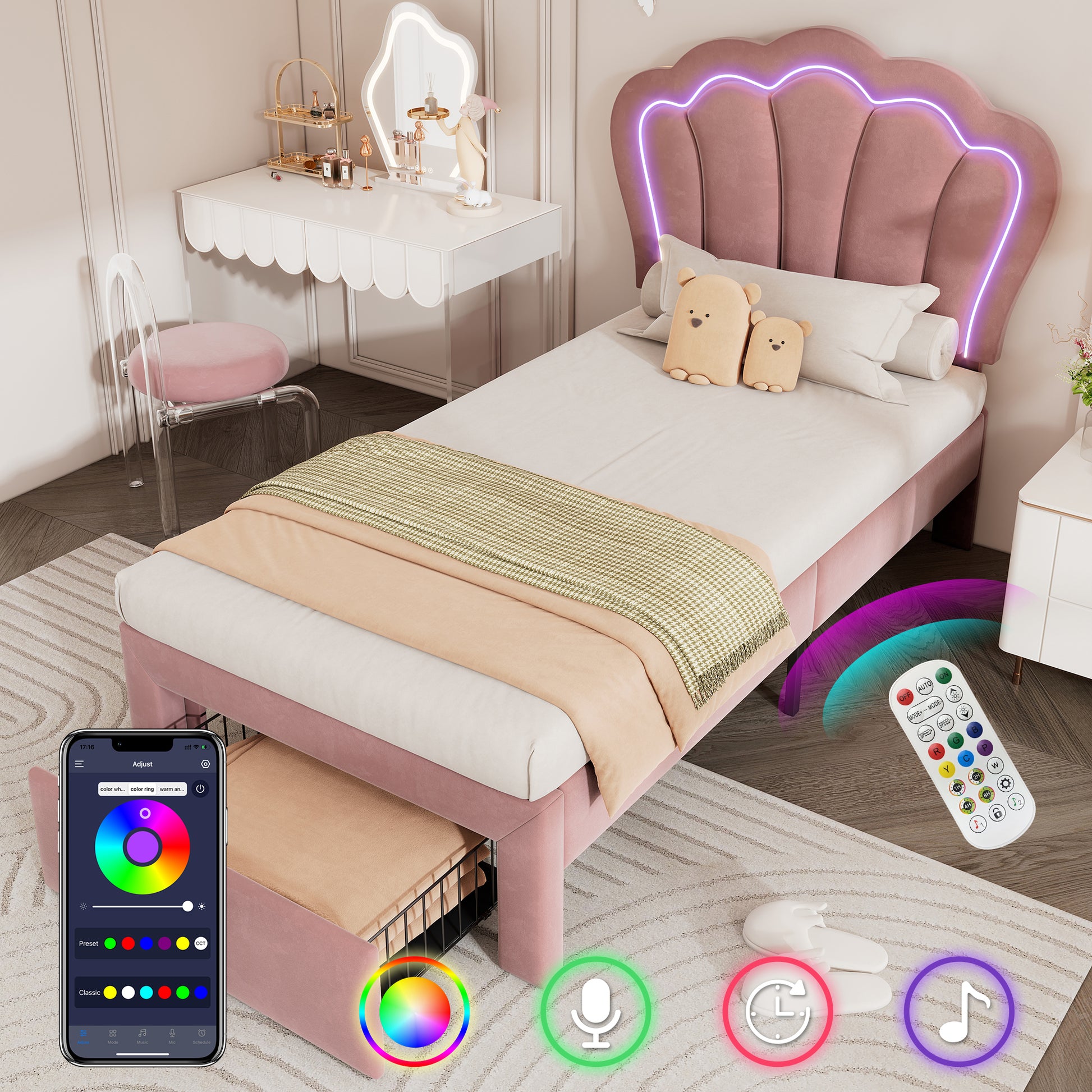 Gigab2b original image - Kinderbett LED Einzelbett 90 x 200 cm mit Schubladen Polsterbett APP-Control LED Bettgestell Lattenrost und Verstellbares Kopfteil, Bettrahmen Jugendbett Samt Rosa
