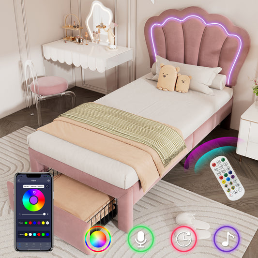 Gigab2b original image - Kinderbett LED Einzelbett 90 x 200 cm mit Schubladen Polsterbett APP-Control LED Bettgestell Lattenrost und Verstellbares Kopfteil, Bettrahmen Jugendbett Samt Rosa