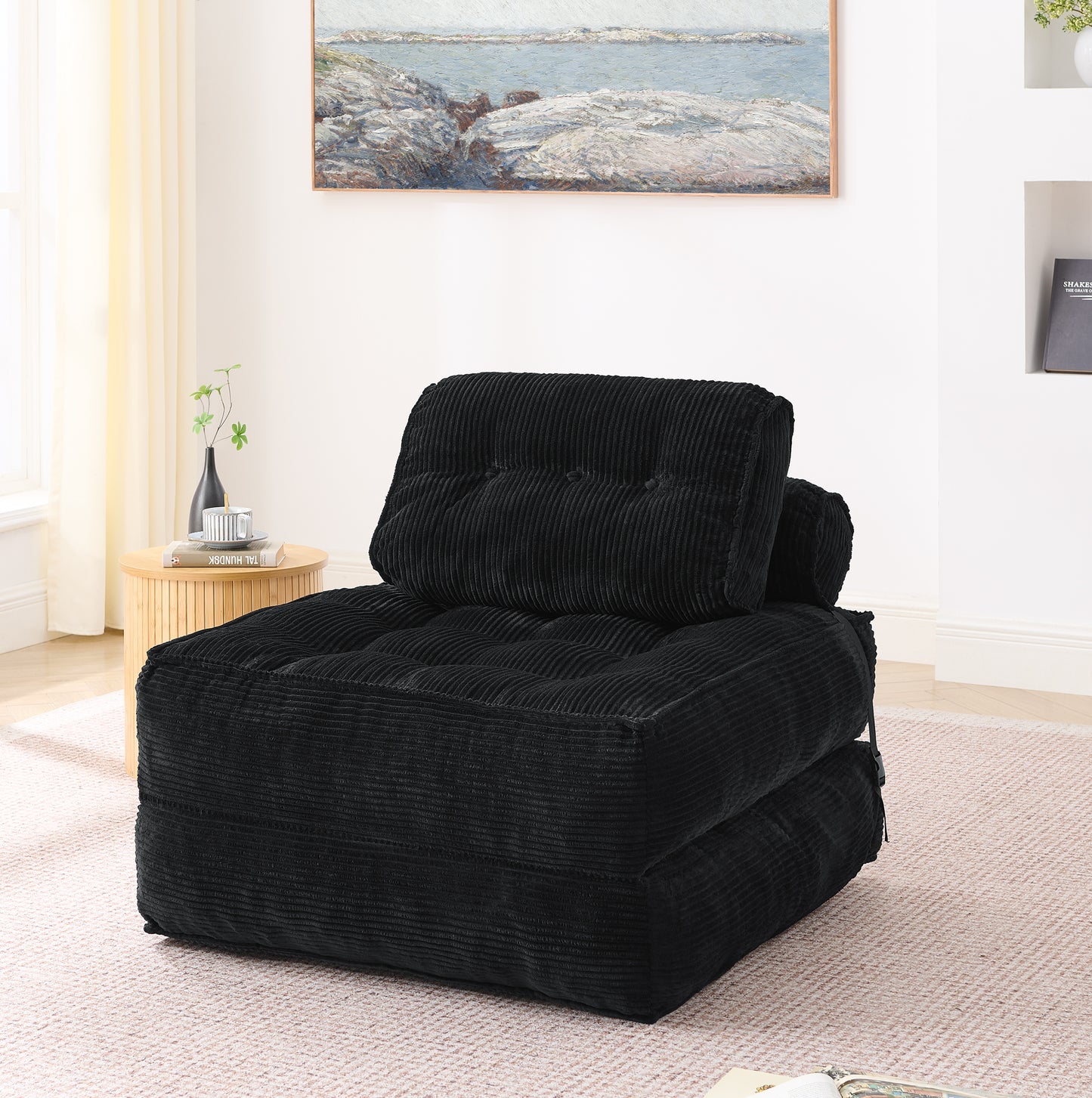 Gigab2b original image - Klappbarer 2-in-1 Bodensessel aus Cord – Bequemes Faltsofa mit verstellbarer Rückenlehne, Vielseitiges Gästebett & Lounge-Sessel für Wohnzimmer & Schlafzimmer,Black