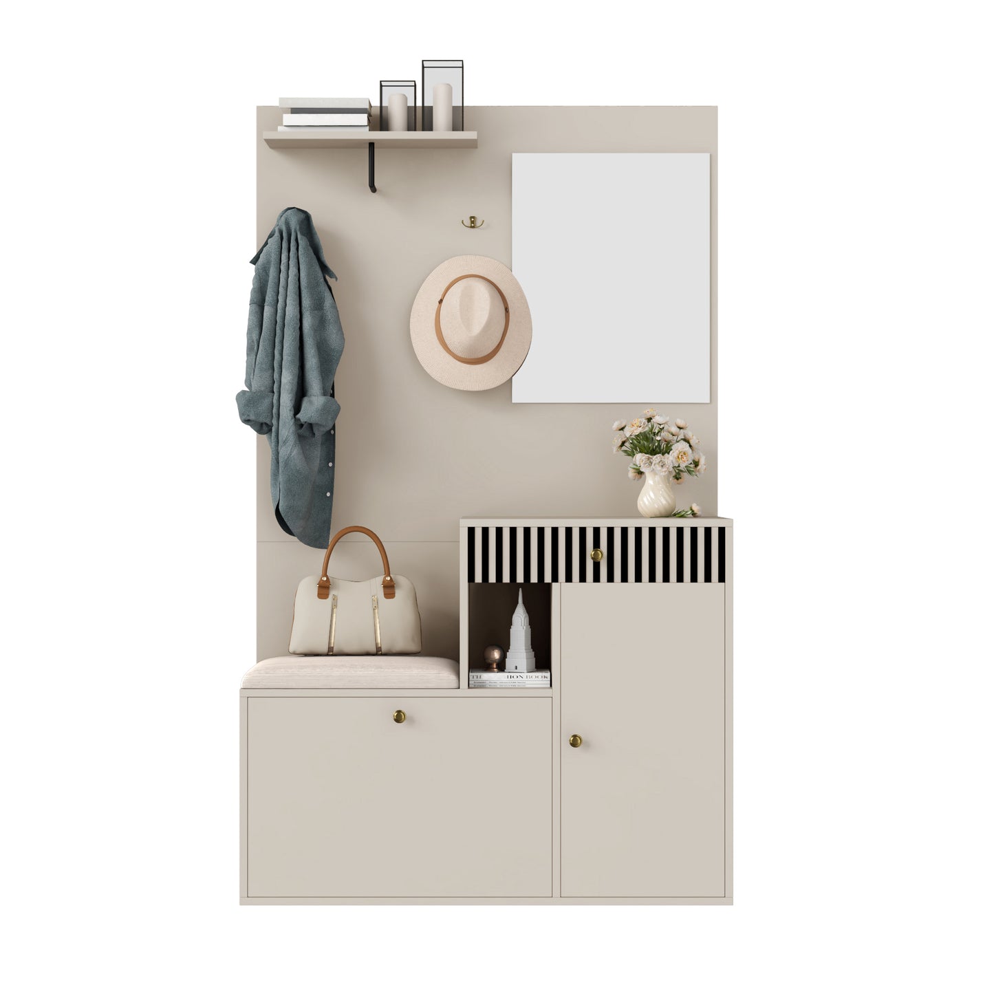 Gigab2b original image - Garderobenset, Kompaktgarderobe, Flurgarderobe mit Spiegel und Polsterkissen, Flurschrank, Wohnwand, Regal, Flur- und Dielengarderobenpaneele, Schuhschrank, (B x H x T): 110 x 185,5 x 37 cm