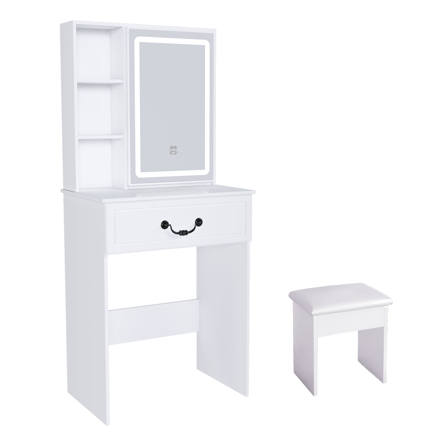 Modernes minimalistisches Schminktisch-Set mit dimmbarem LED-Spiegel – Kompakt mit verstecktem Stauraum, inkl. gepolsterter Hocker, Weiß, B60/H131.5/T36cm.