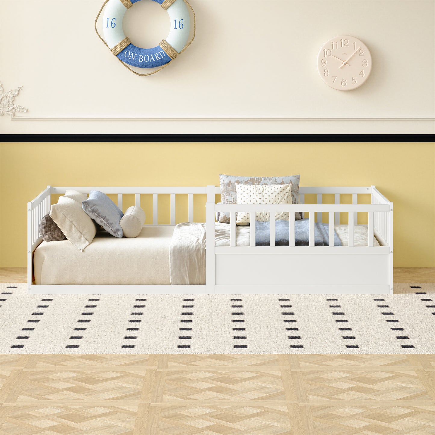 Solid Wood Montessori Floor Bed with Safety Railing and Slatted Frame