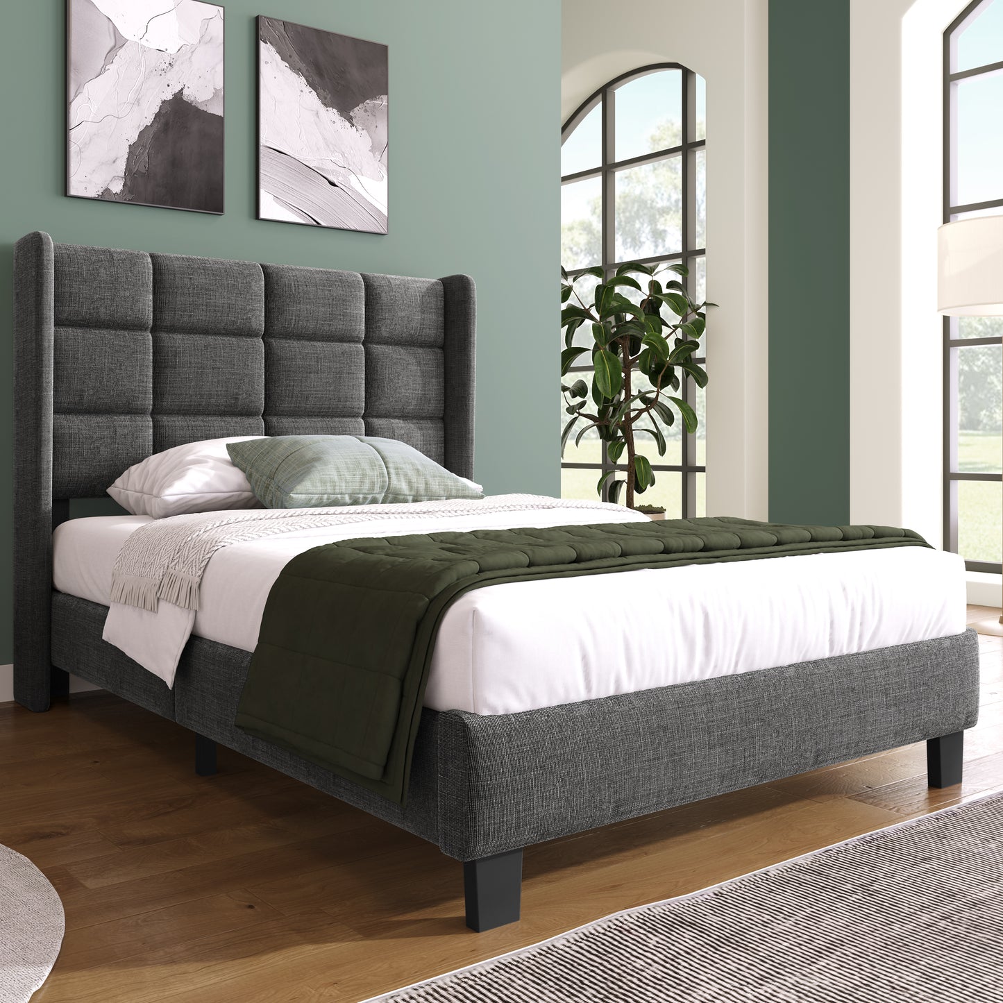Gigab2b original image - Modernes Design Polsterbett Mit seinem gepolstertes Kopfteil Einzelbett mit Lattenrost, 90x200cm ,in Grau Leinen, mittelfest (Ohne Matratze)