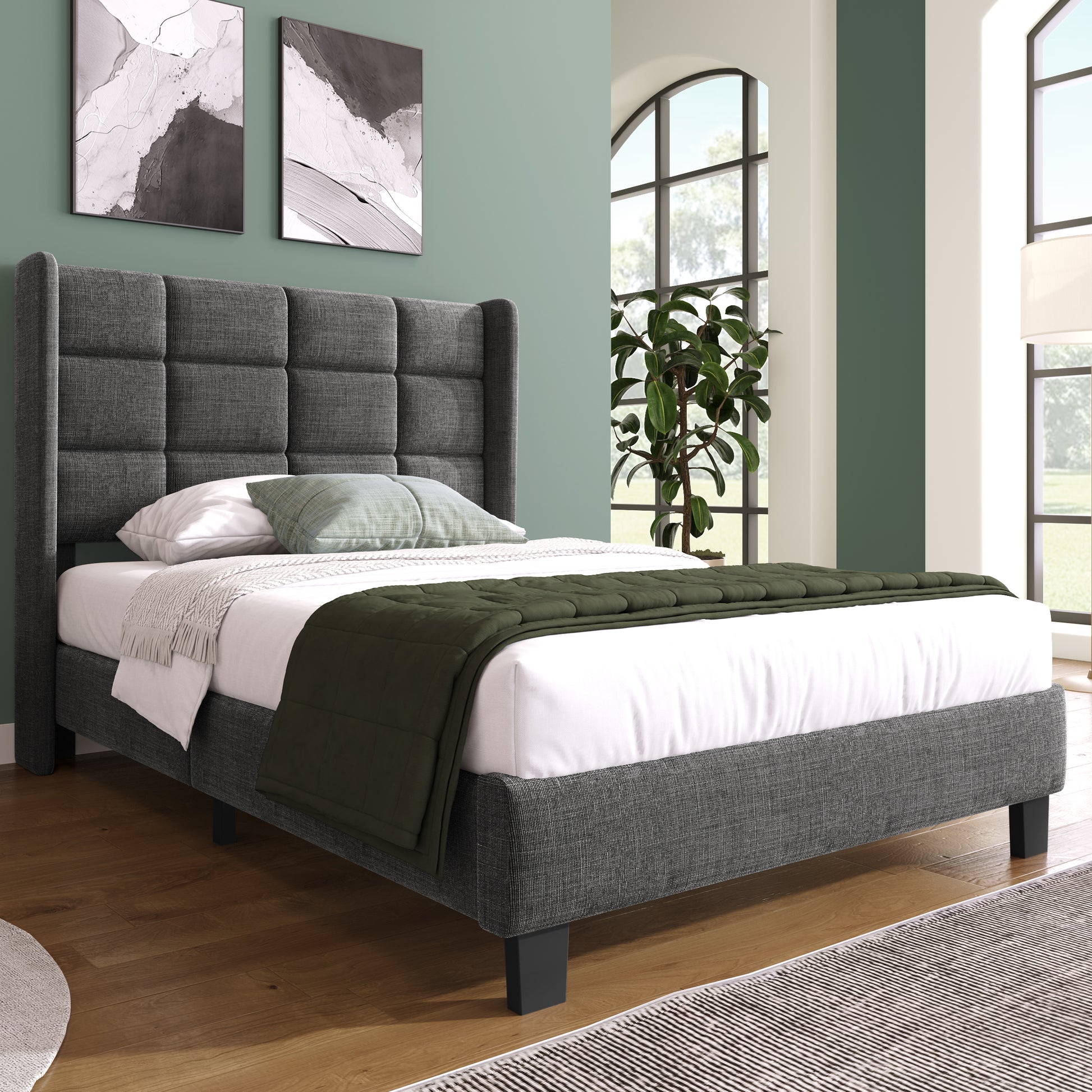Gigab2b original image - Modernes Design Polsterbett Mit seinem gepolstertes Kopfteil Einzelbett mit Lattenrost, 90x200cm ,in Grau Leinen, mittelfest (Ohne Matratze)