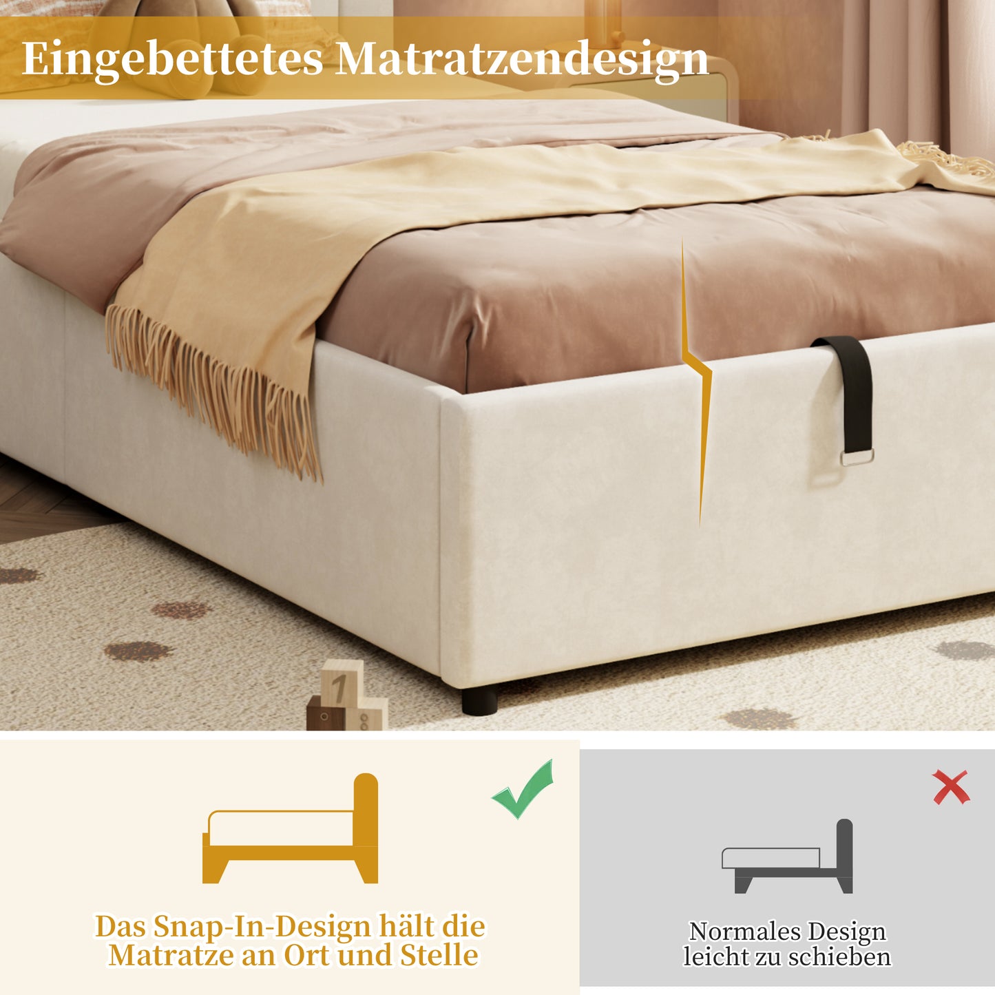 Polsterbett 140*200, Kinderbett mit Lattenrost und Kopfteil, Jugendbett, für Erwachsene und Jugendliche geeignet, Holzlatten, einfache Montage, Inklusive Matratze, Samt, Beige