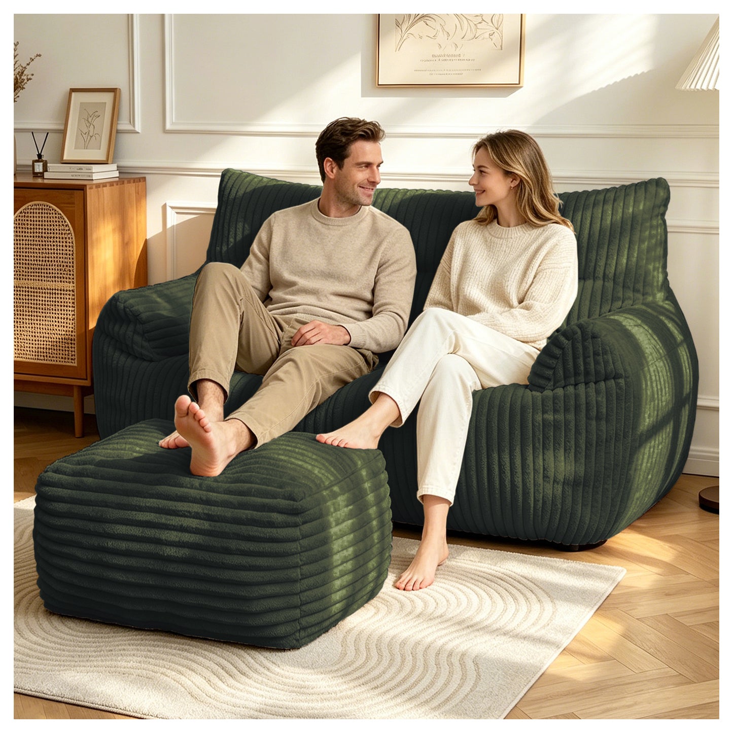 Double Bean Bag Chair with Ottoman - Large Loungers for Living Rooms
