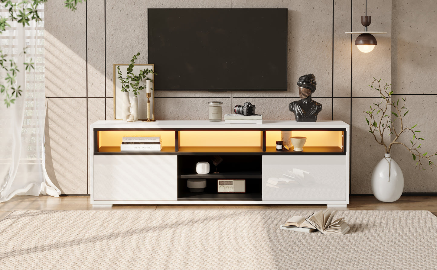 150 × 35 × 50 cm LED-TV-Bank aus Hochglanz-Spanplatte, Modernes Lowboard mit Stauraum für kleine Wohnzimmer,Unterschrank mit zwei Türen,8 Lagerräume,Speziell für kleine Wohnungen konzipiert