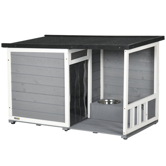 Gigab2b original image - Hundehütte mit Terrasse aus Tannenholz, wetterbeständig, mit 2 Schüsseln & Asphaltdach, Grau, 103x62x60-66cm