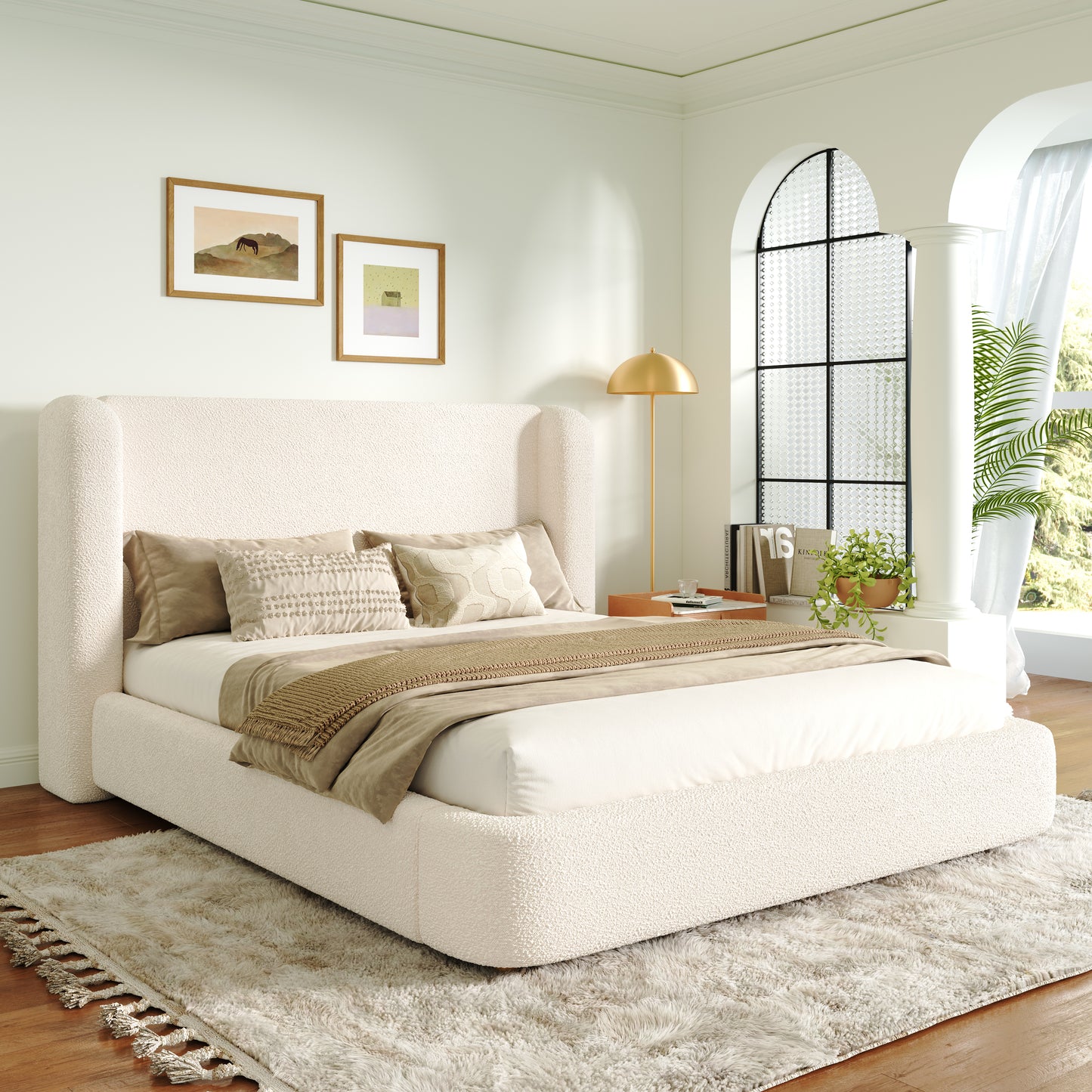 Polsterbett,Doppelbett,hydraulisches Funktionsbett,Bett mit Lattenrost, Kopfteil und  großem Stauraum, gepolstertes Kopfteil, Beige Bouclé, 180 x 200